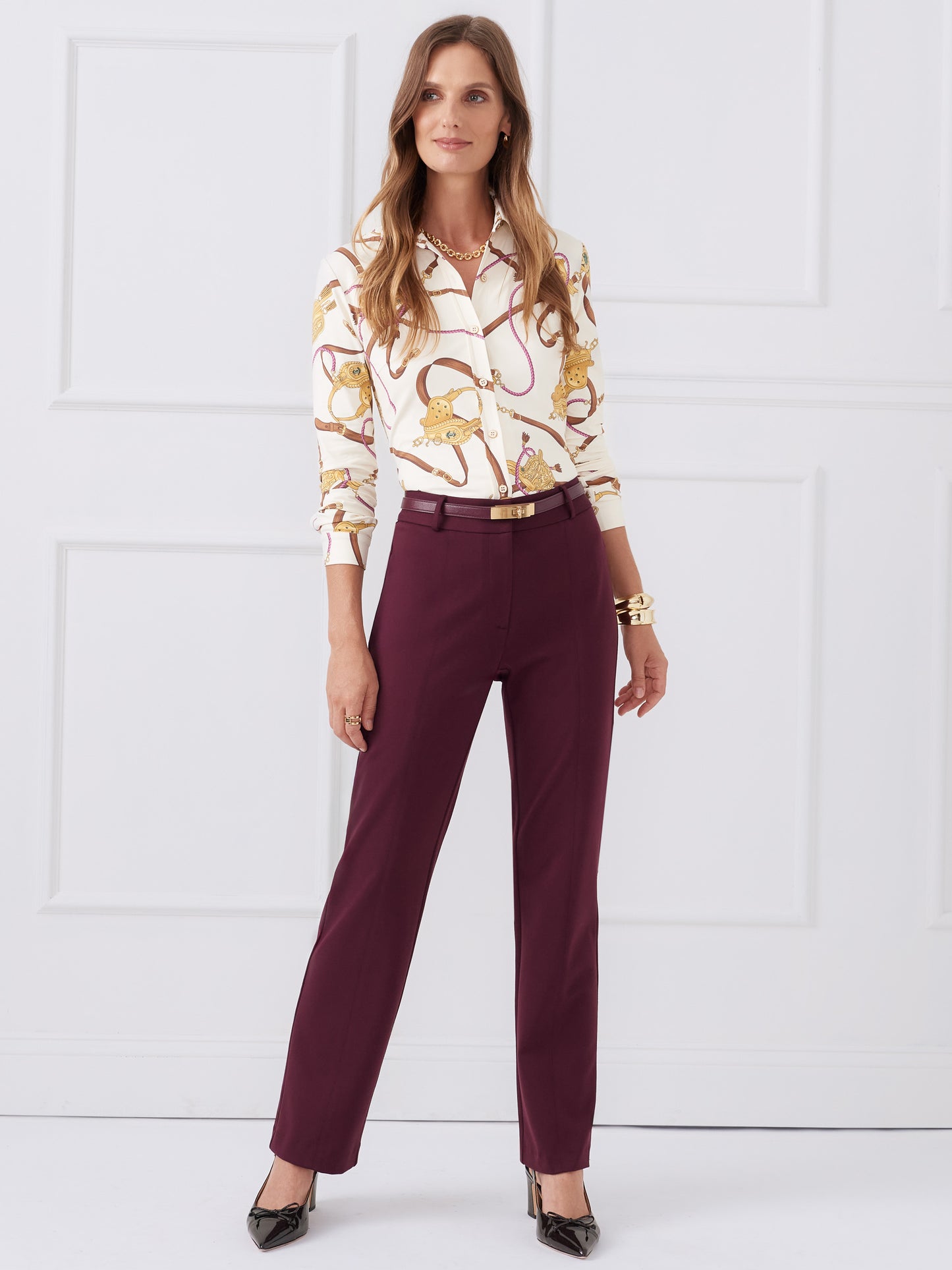 J.McLaughlin Betty Shirt in off white/gold/brown made with catalina cloth. 