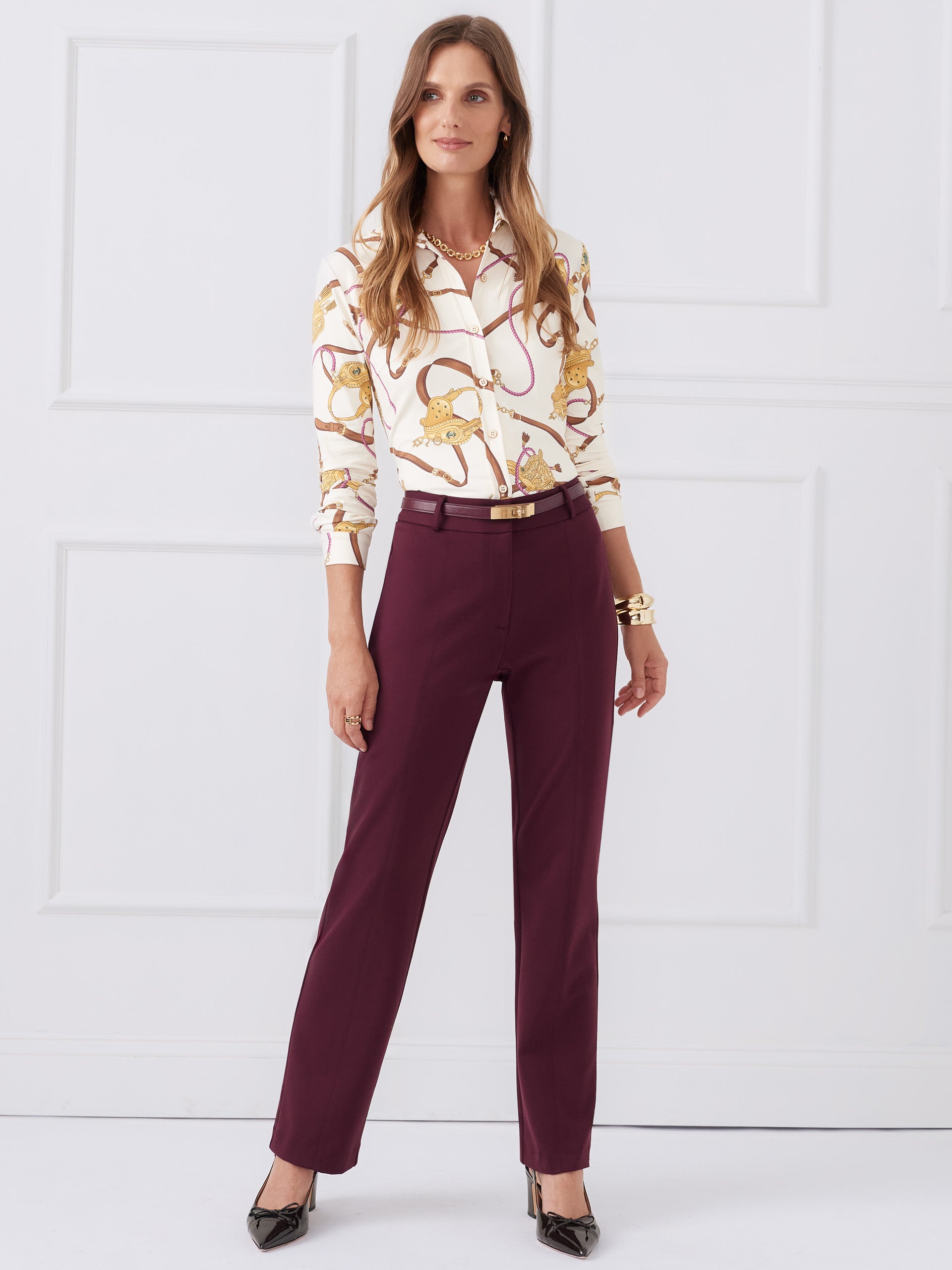 J.McLaughlin Betty Shirt in off white/gold/brown made with catalina cloth. 
