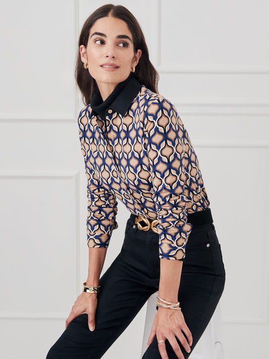 J.McLaughlin Betty shirt in brown/navy/tan made with catalina cloth.