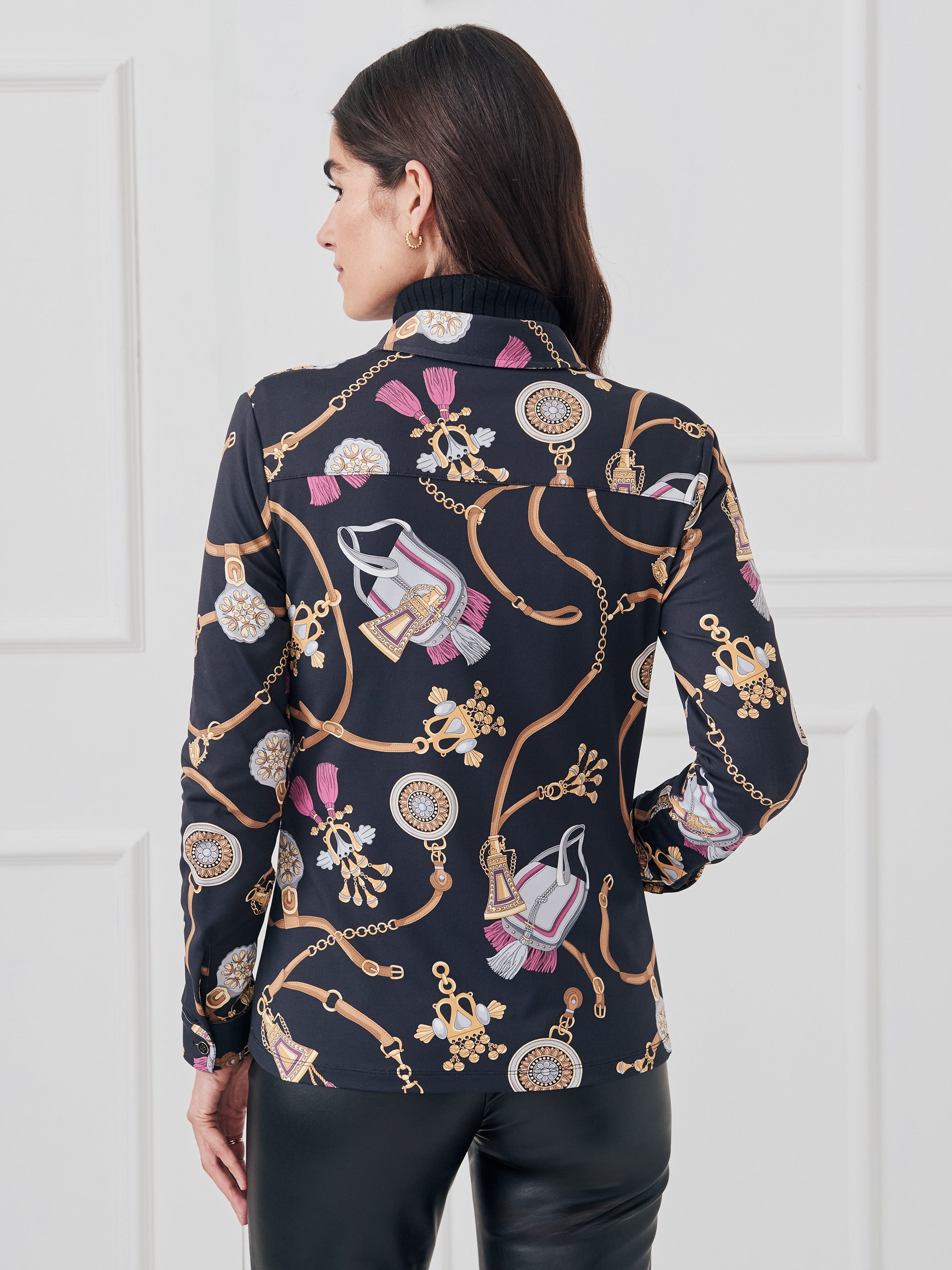 J.McLaughlin Betty shirt in black/brown made with catalina cloth.