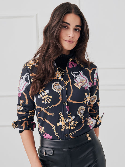 J.McLaughlin Betty shirt in black/brown made with catalina cloth.