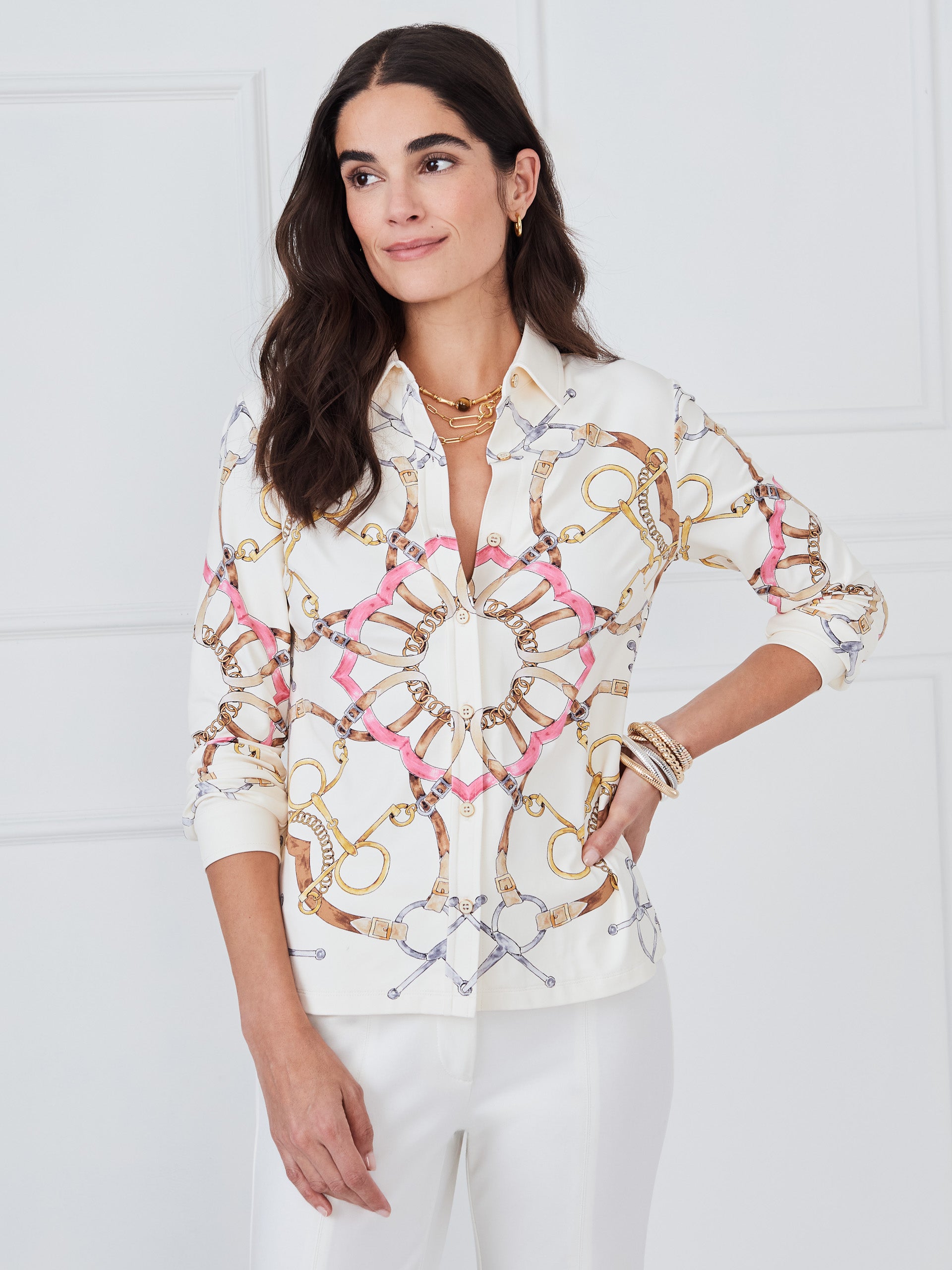 J.McLaughlin Betty shirt in off white/pink made with catalina cloth. 