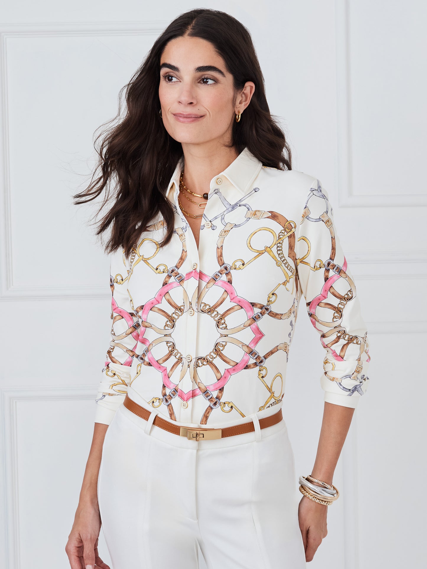 J.McLaughlin Betty shirt in off white/pink made with catalina cloth. 