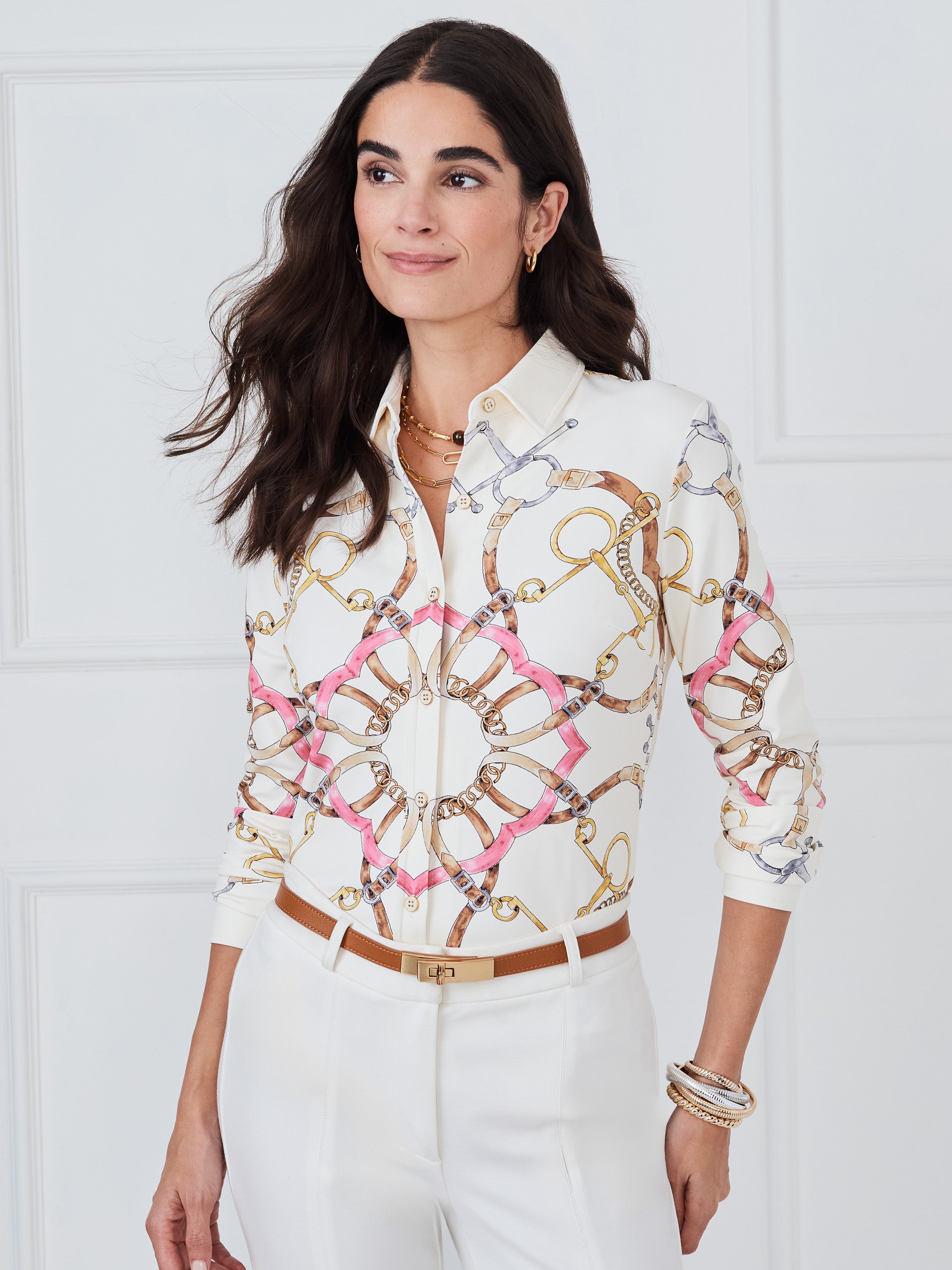 J.McLaughlin Betty shirt in off white/pink made with catalina cloth. 