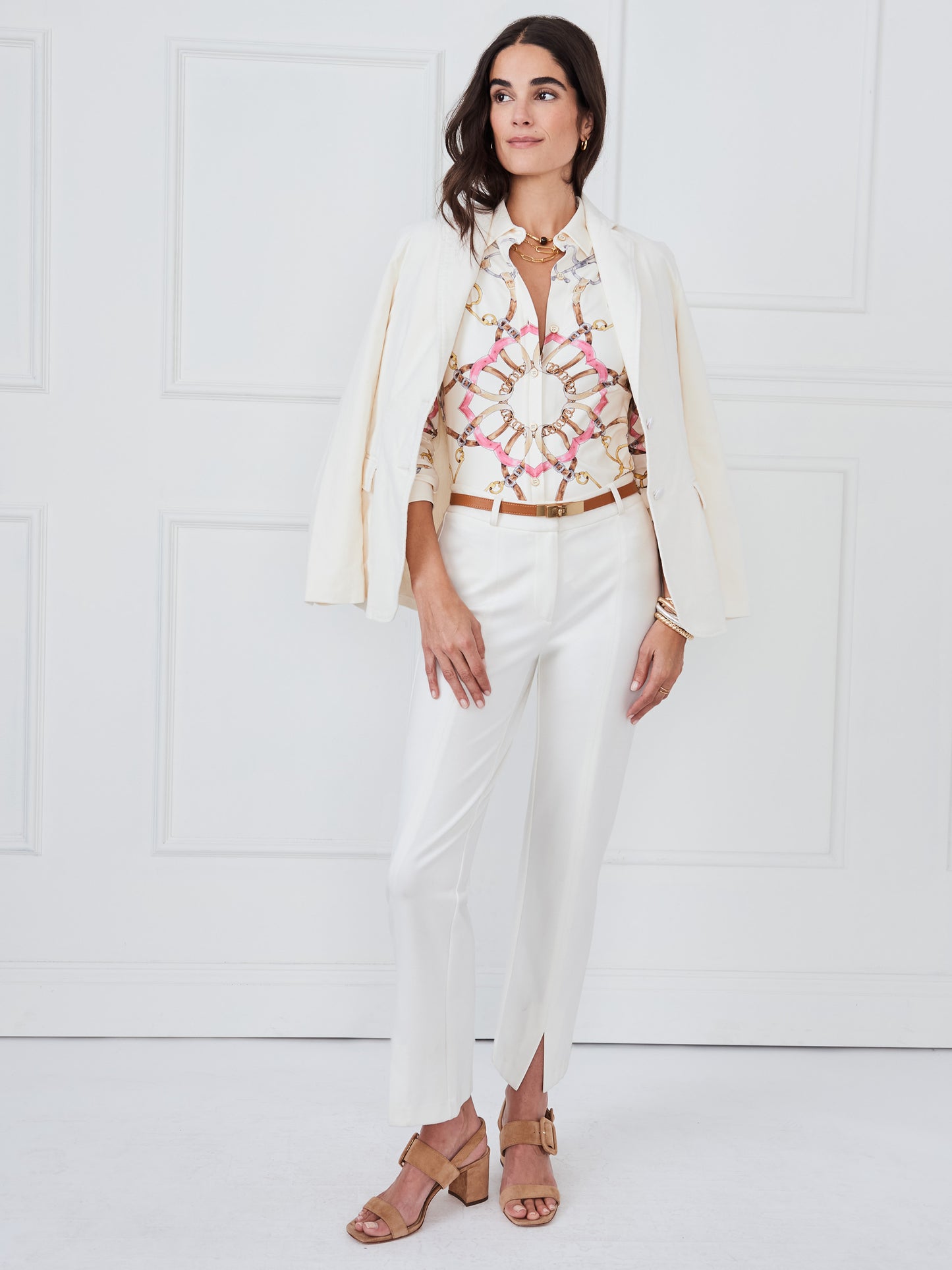 J.McLaughlin Betty shirt in off white/pink made with catalina cloth. 