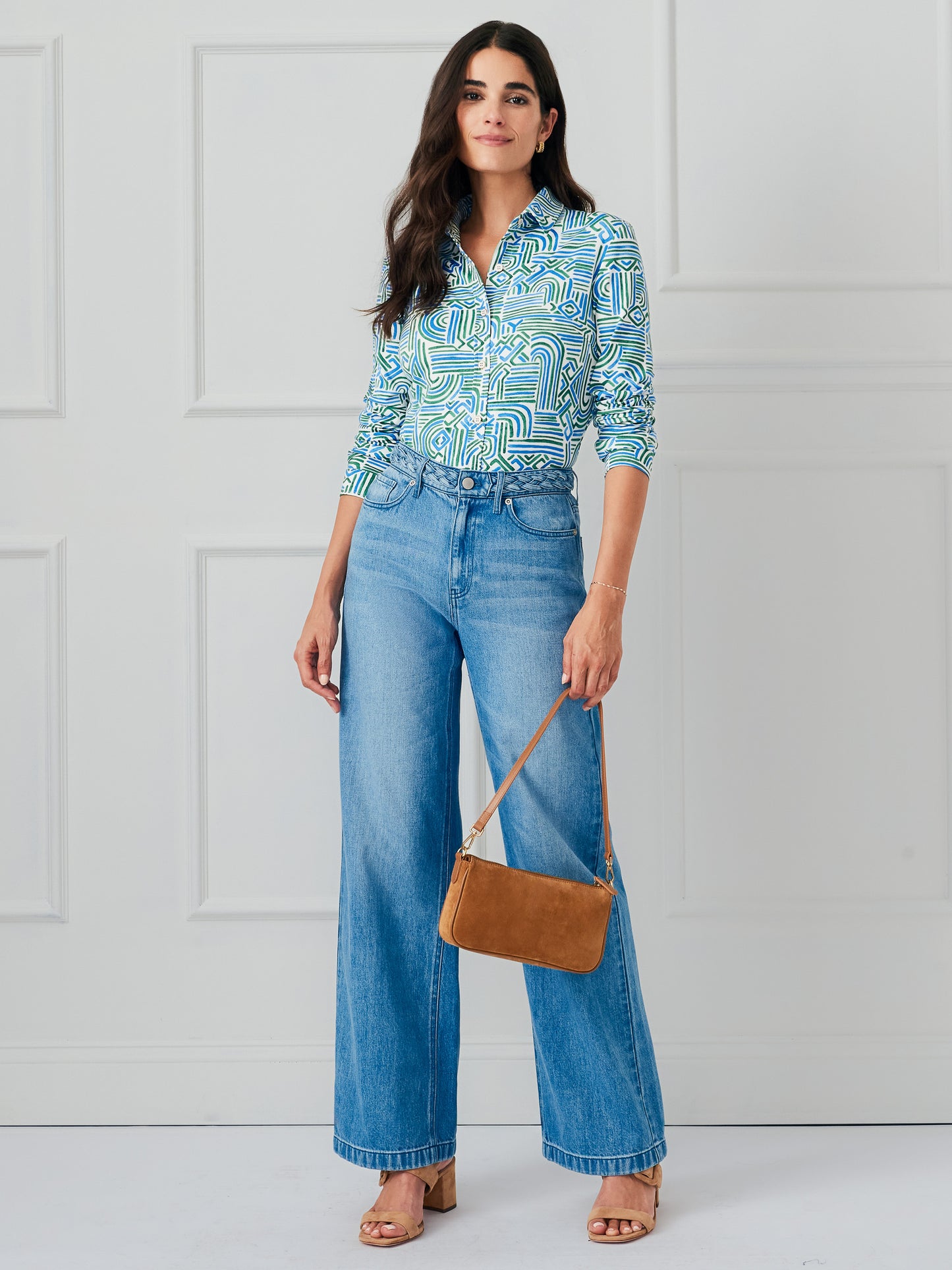 J.McLaughlin Betty shirt in off white/green/blue made with lyford jersey.