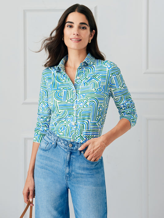 J.McLaughlin Betty shirt in off white/green/blue made with lyford jersey.
