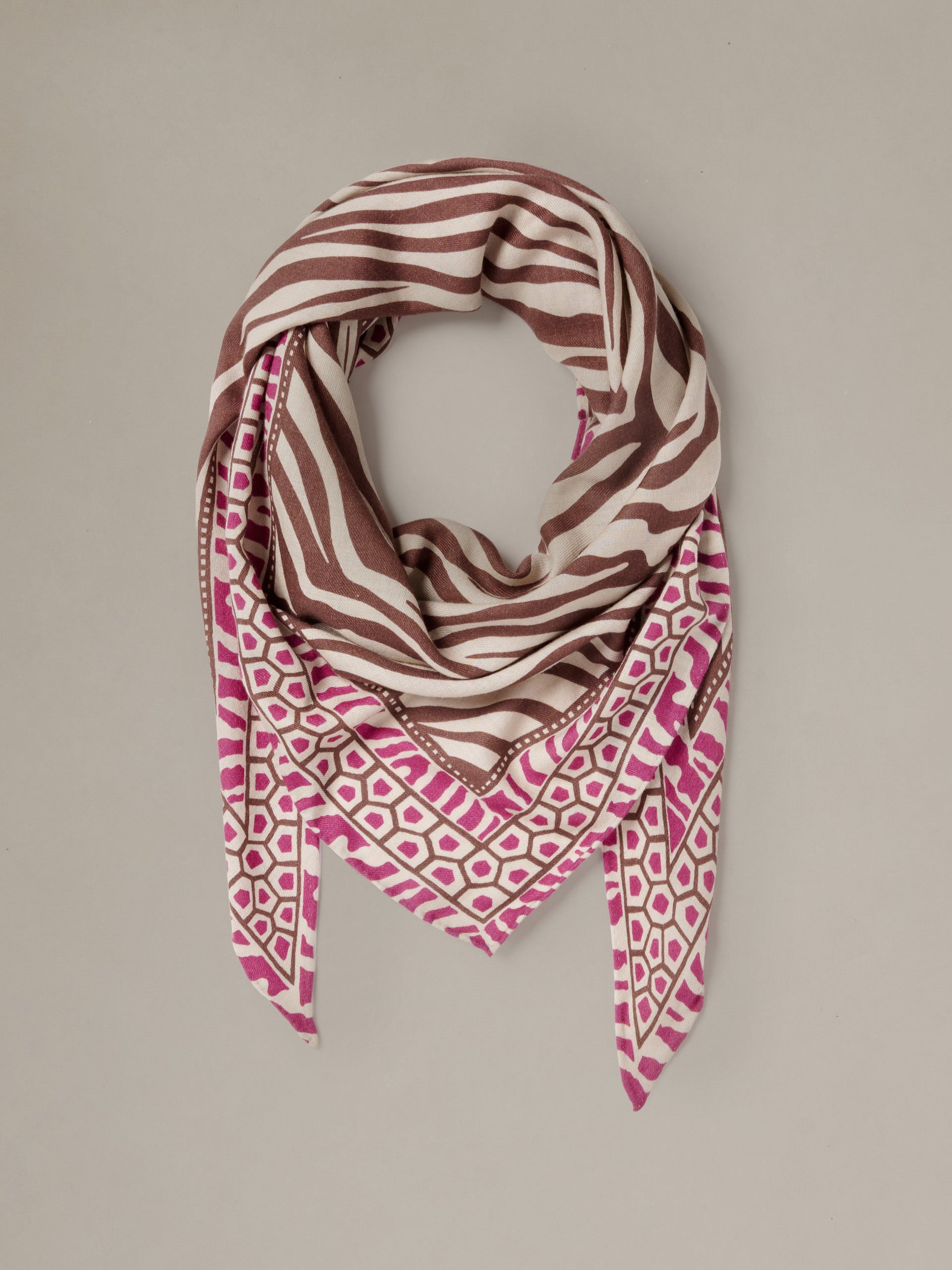 The Blair Scarf in Wild Medley Corner by J.McLaughlin triangular cashmere silk scarf with bold brown and pink geometric patterns for effortless layering