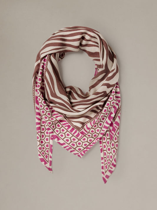 The Blair Scarf in Wild Medley Corner by J.McLaughlin triangular cashmere silk scarf with bold brown and pink geometric patterns for effortless layering