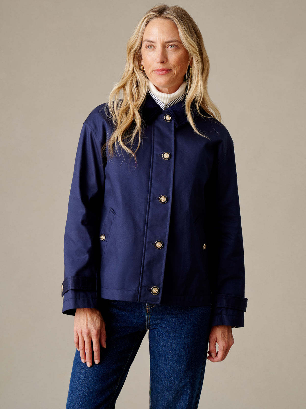 J.McLaughlin Brantley Jacket in navy styled with a white turtleneck and jeans for an effortlessly timeless look