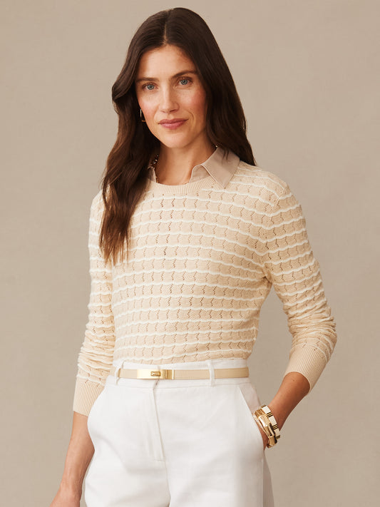 Woman wearing Brenna Sweater in Stripe by J.McLaughlin in soft oatmeal tones, pairing timeless, effortlessly stylish design with enduring craftsmanship for a life well-lived.