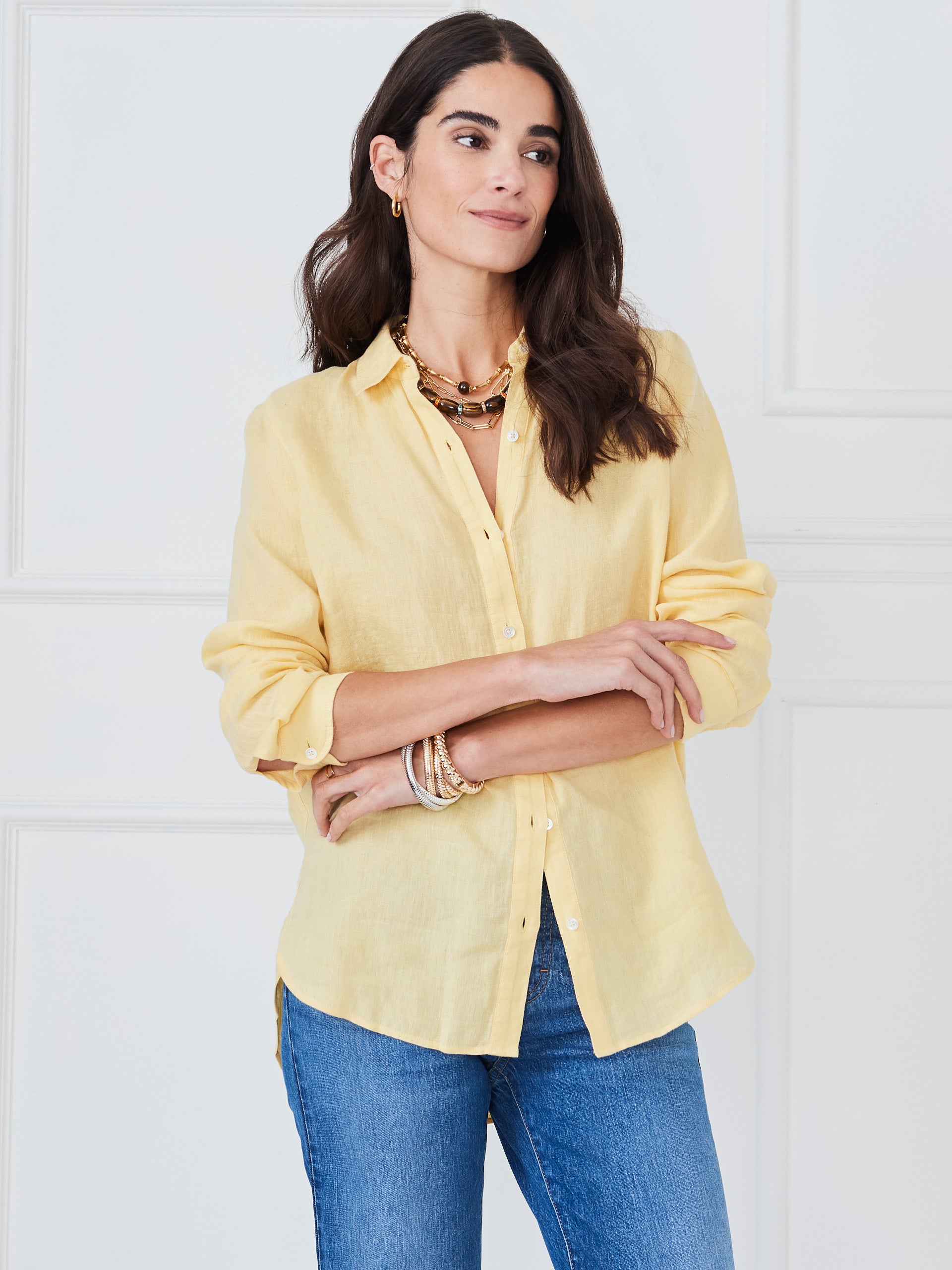 J.McLaughlin Britt shirt in sun yellow made with linen. 