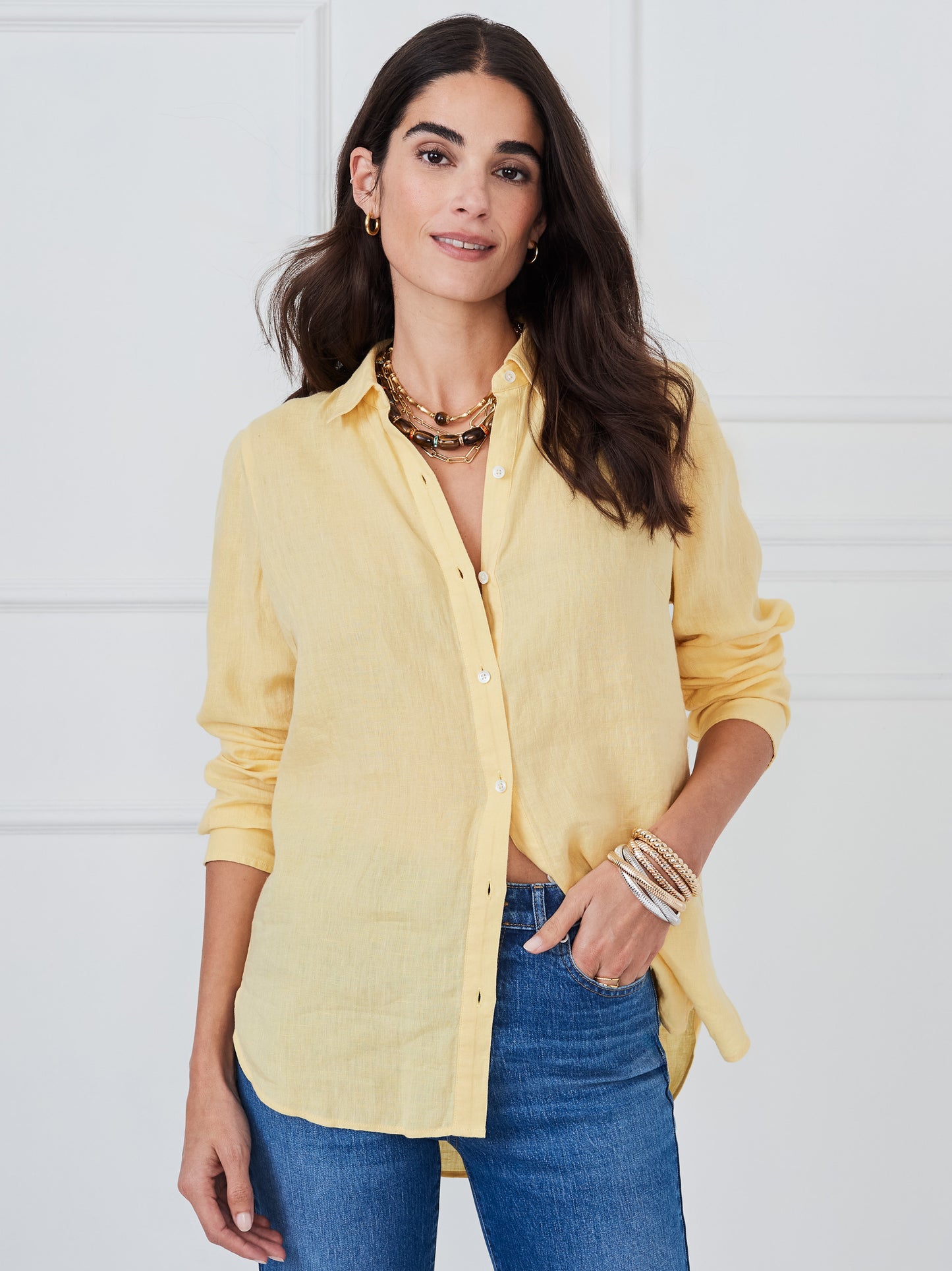 J.McLaughlin Britt shirt in sun yellow made with linen. 