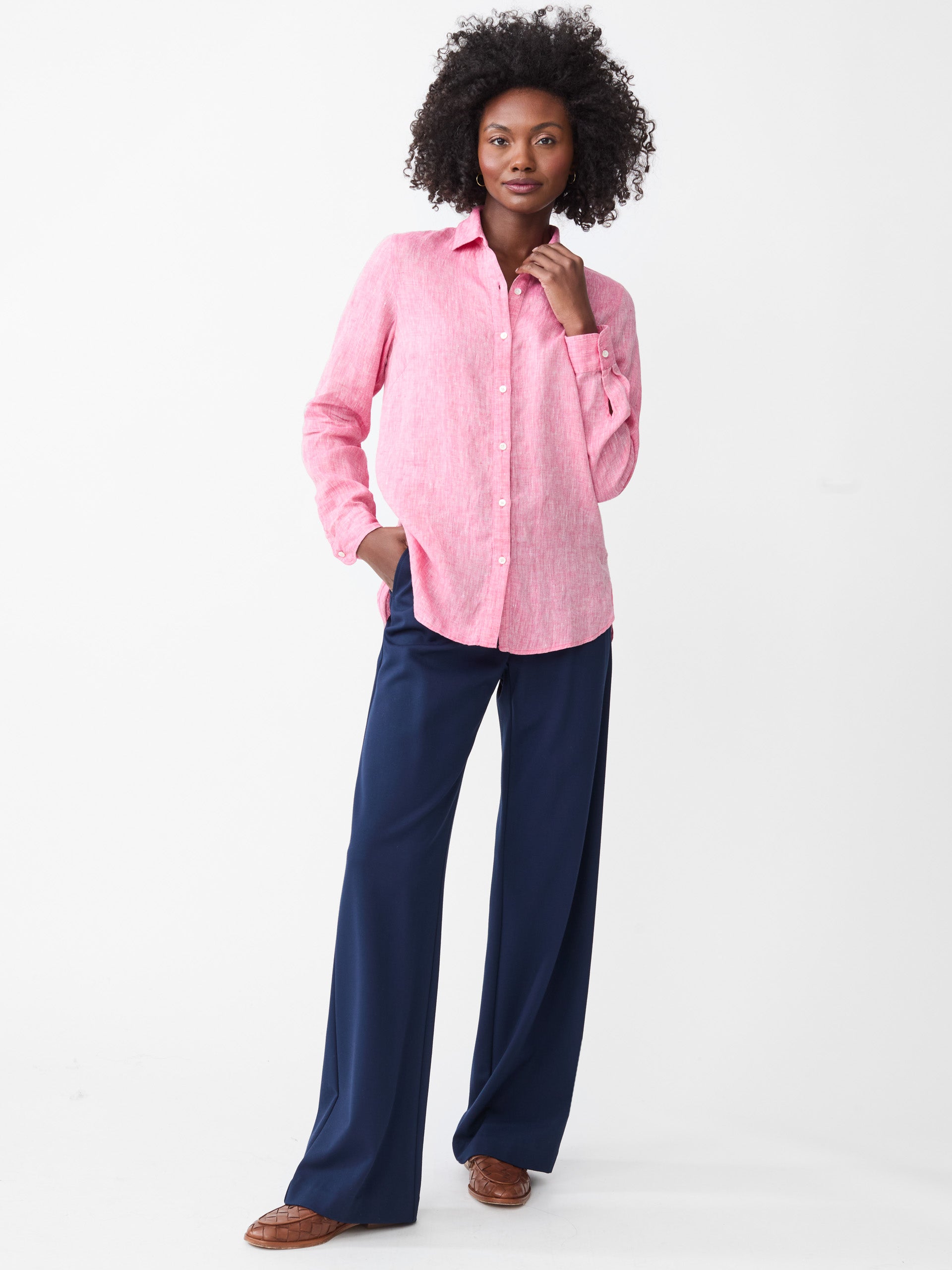 Model wearing J.McLaughlin Britt shirt in Persian pink made with linen.