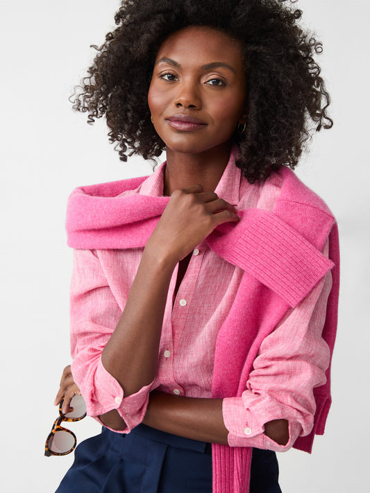 Model wearing J.McLaughlin Britt shirt in Persian pink made with linen.