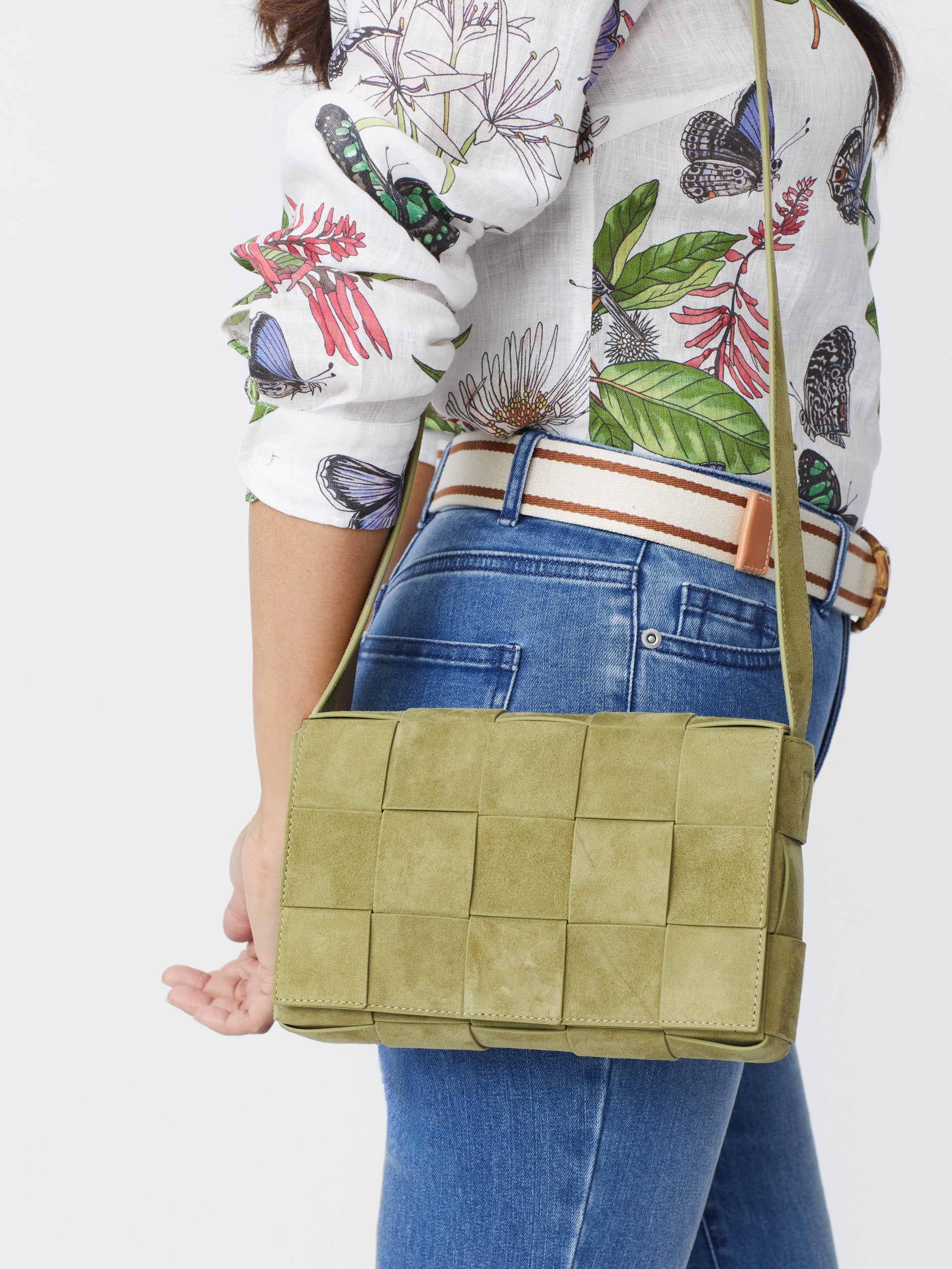 J.McLaughlin Una crossbody in sage made with suede.