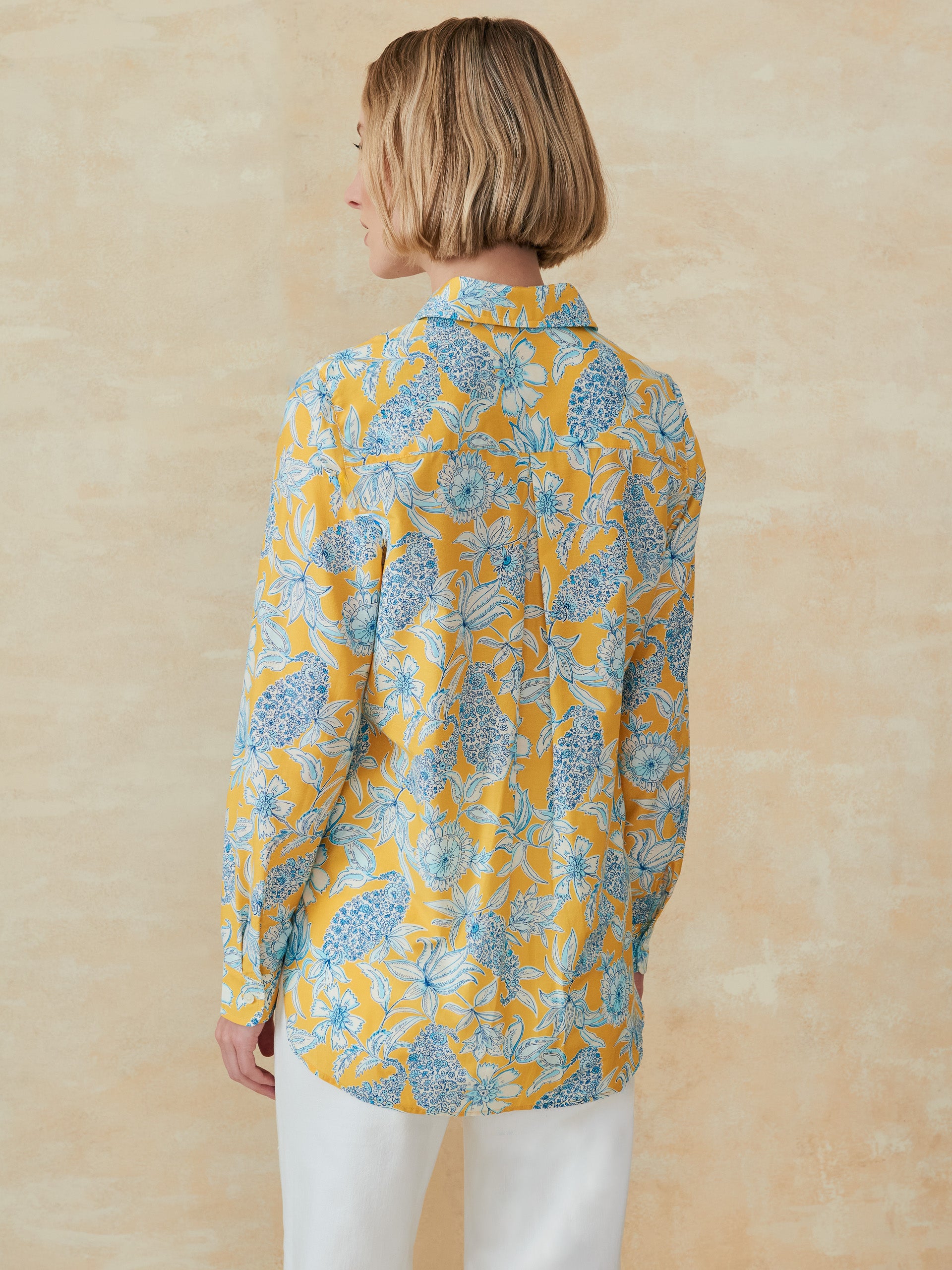 J.McLaughlin Britt shirt in yellow/blue/off white in silk/cotton.