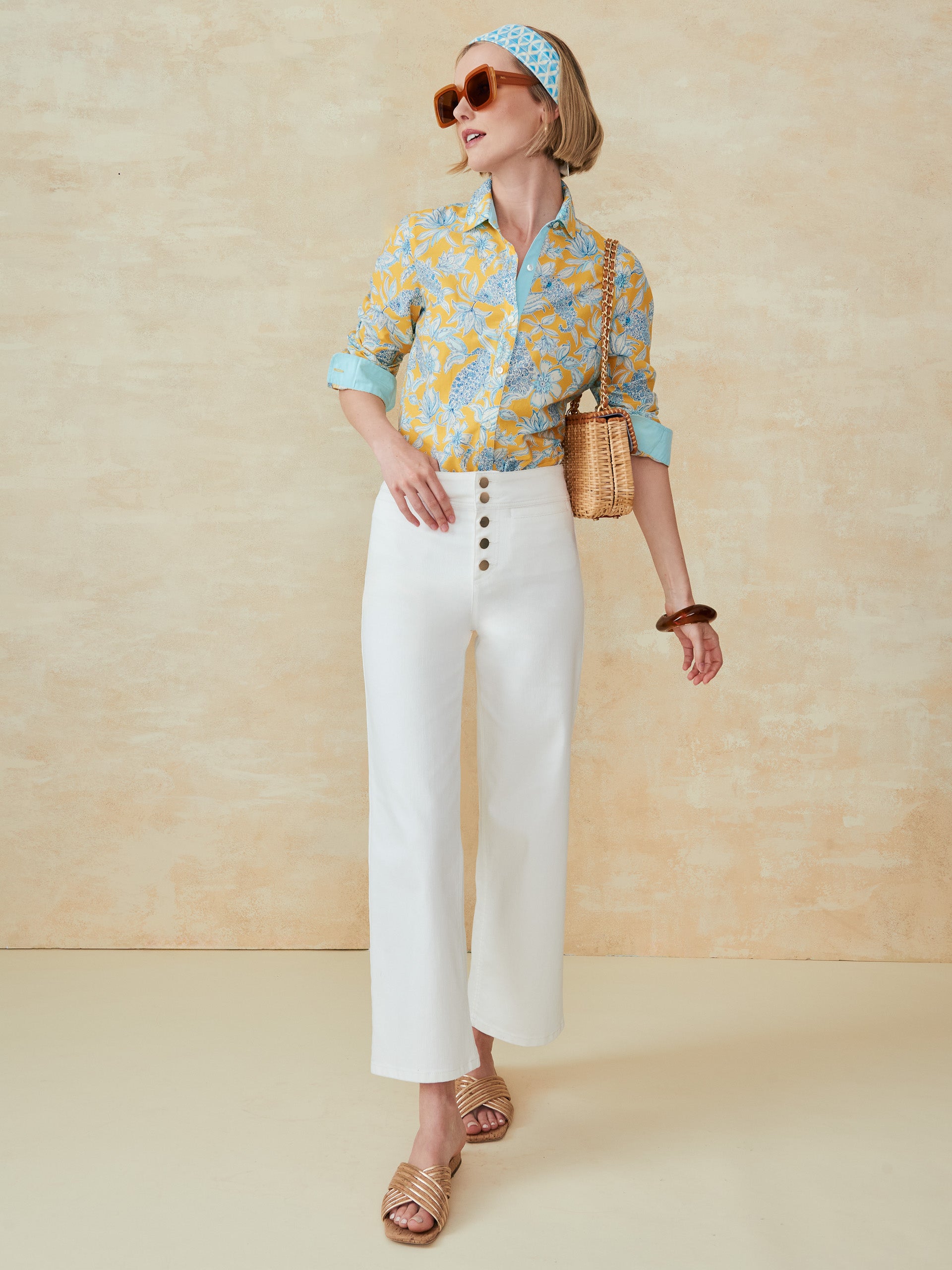 J.McLaughlin Britt shirt in yellow/blue/off white in silk/cotton.