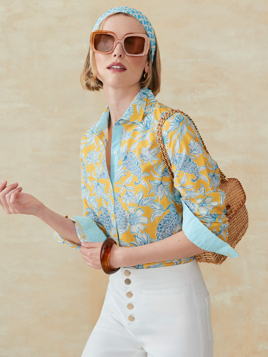 J.McLaughlin Britt shirt in yellow/blue/off white in silk/cotton.