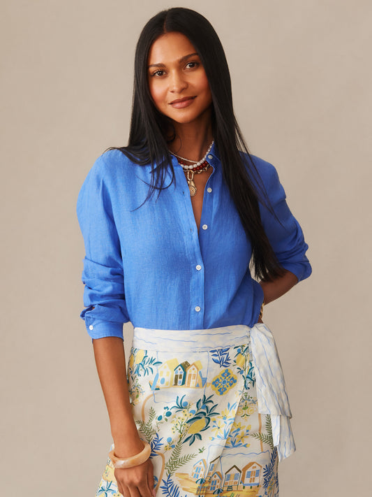 J.Mclaughlin Britt shirt in french blue made with linen. 