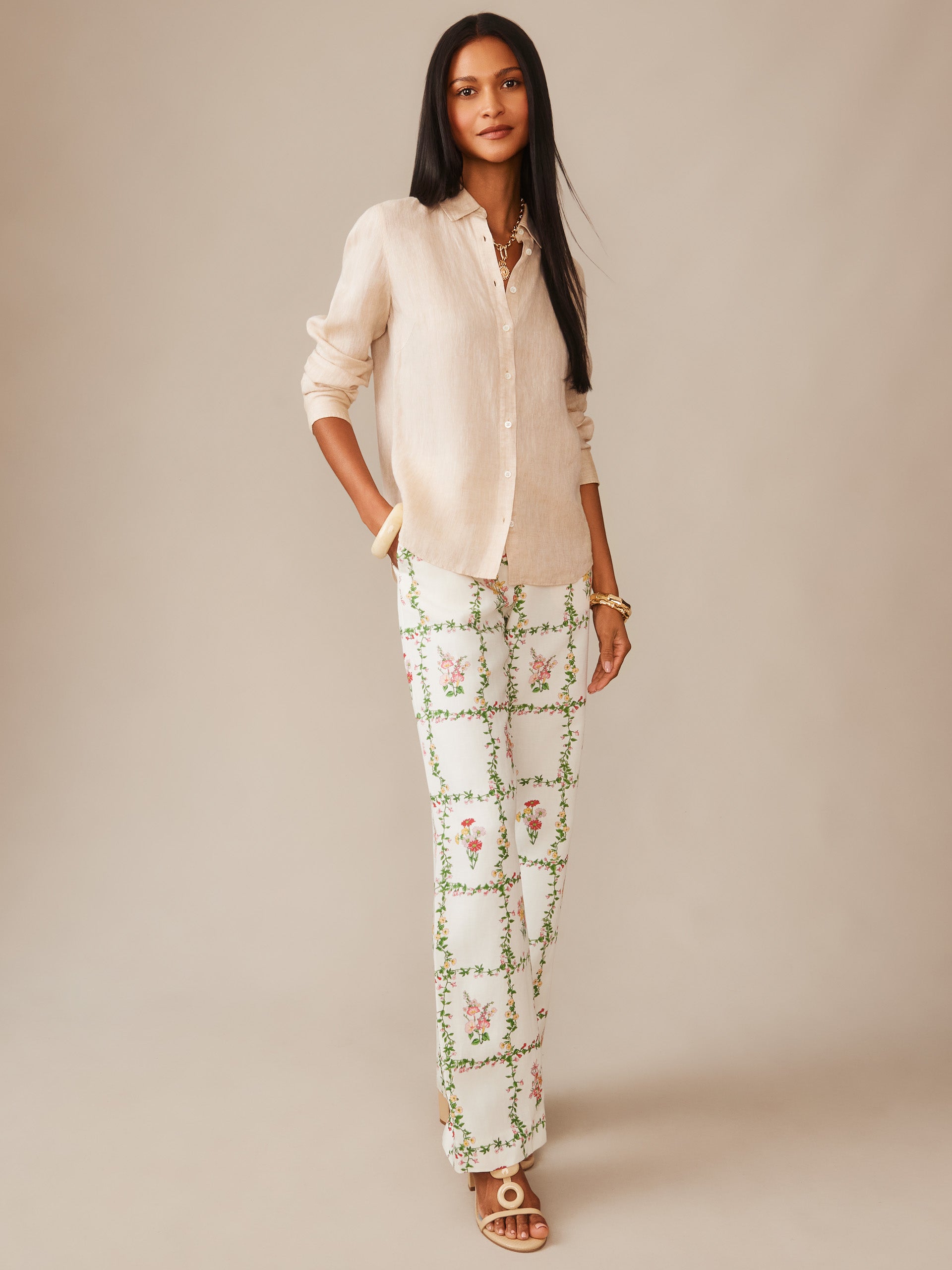 J.Mclaughlin Britt shirt in tan made with linen. 