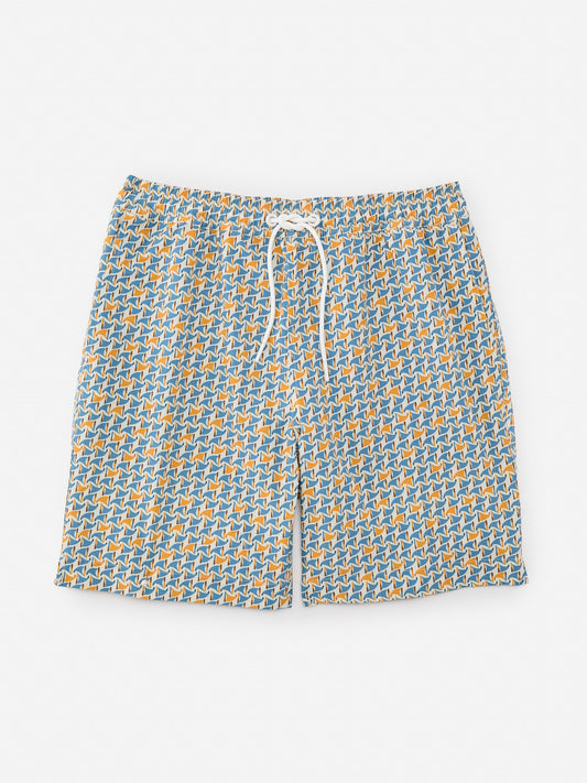 J.McLaughlin Bruce swim trunks in navy/orange/brown made with nylon.