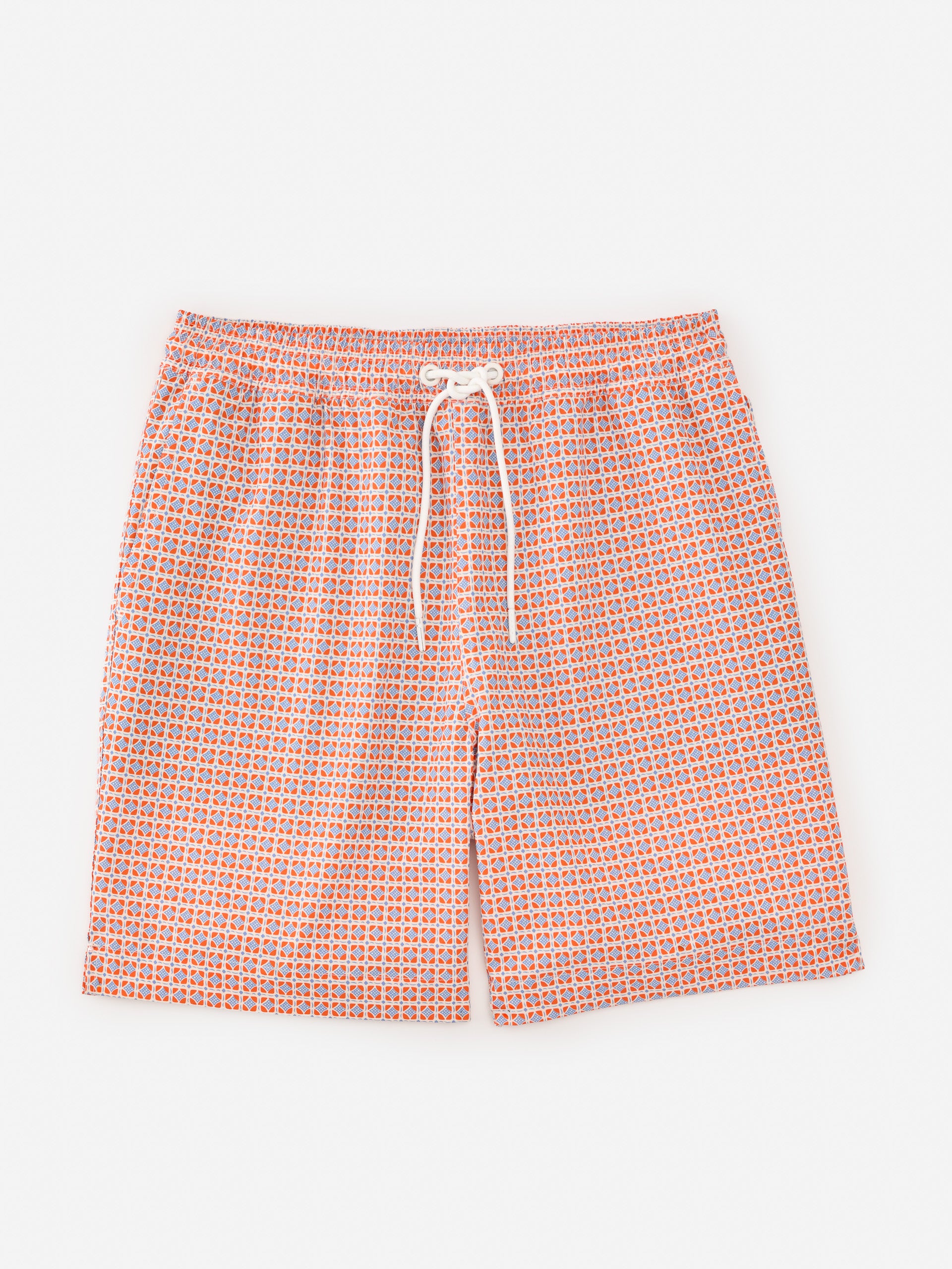 J.McLaughlin Bruce swim trunks in orange/blue made with polyester/spandex.
