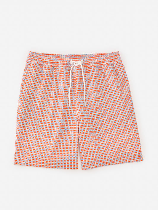 J.McLaughlin Bruce swim trunks in orange/blue made with polyester/spandex.