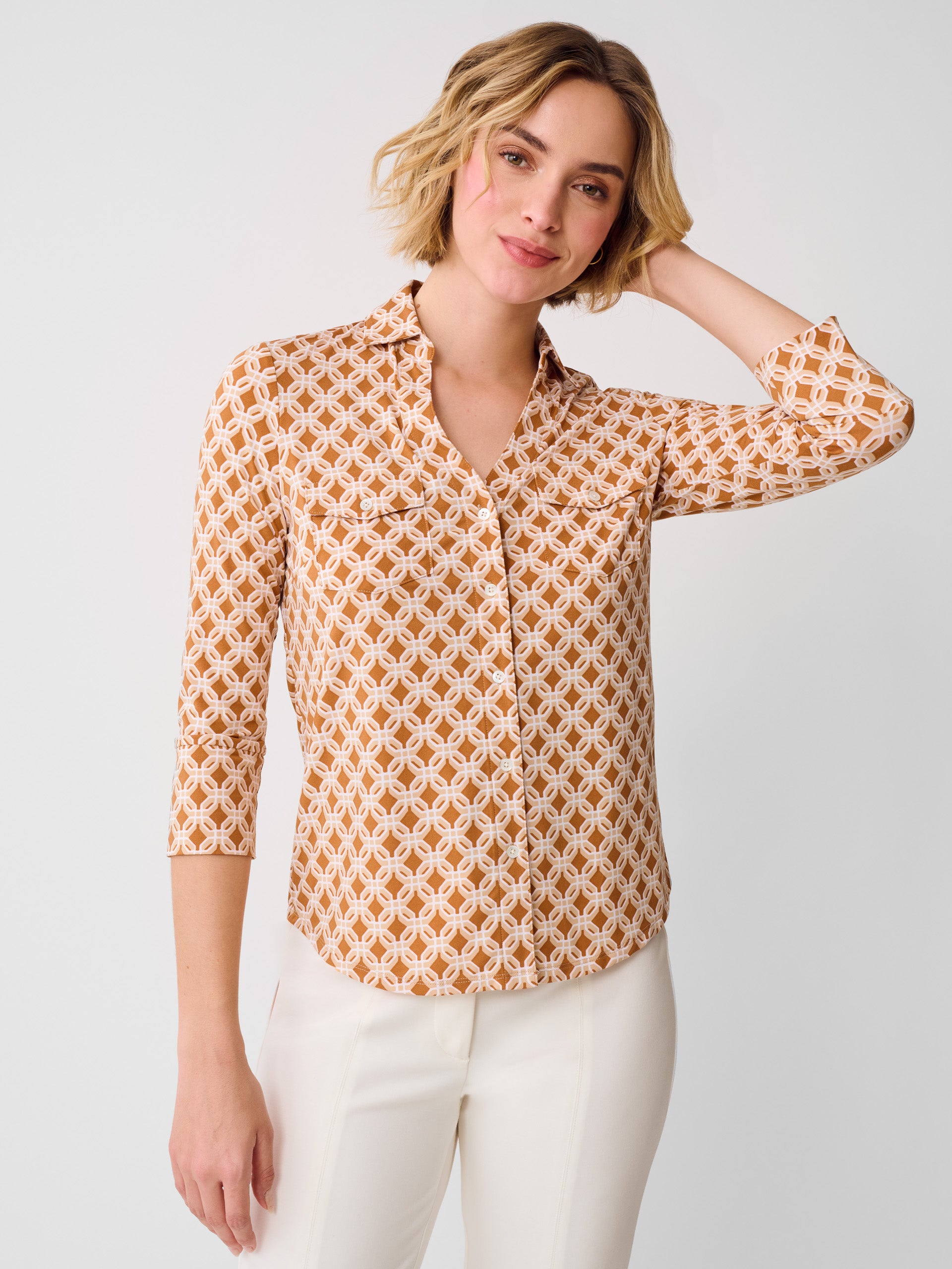 J.McLaughlin Brynn top in brown/tan made with Lyford Jersey. 