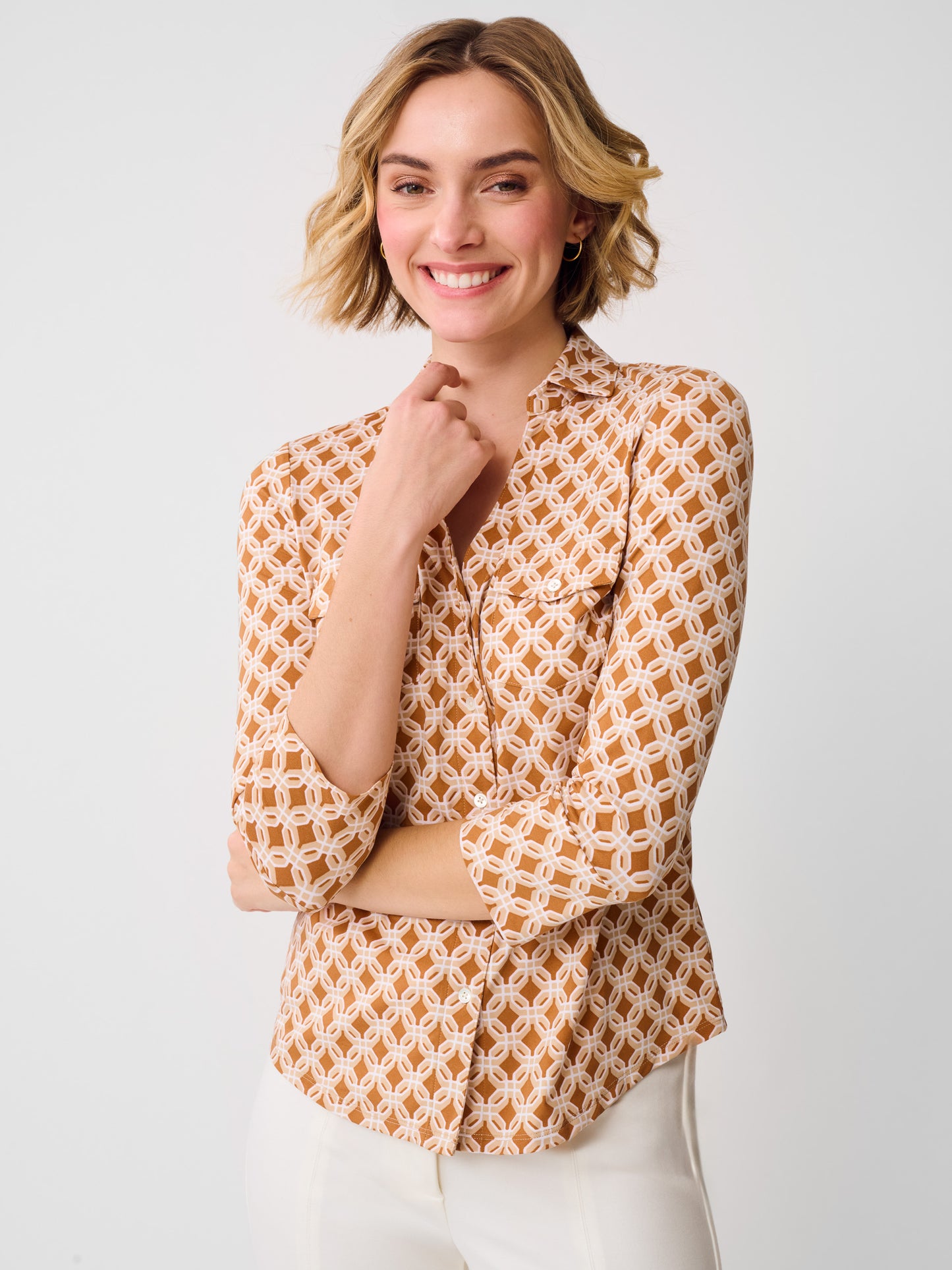J.McLaughlin Brynn top in brown/tan made with Lyford Jersey. 