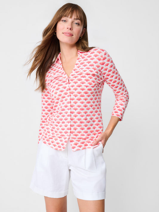Model wearing J.McLaughlin Brynn linen shirt in white/orange/hot pink made with linen.