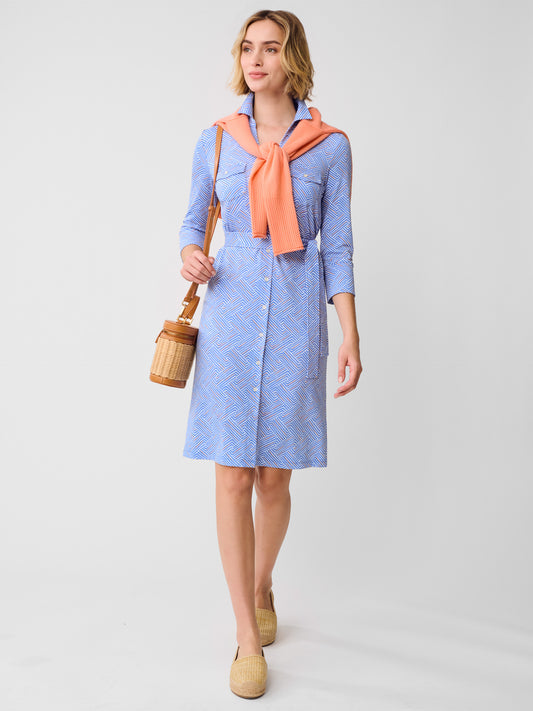 J.McLaughlin Brynn dress in white/blue/orange made with Lyford Jersey. 