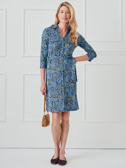 J.McLaughlin Brynn dress in navy/blue/olive made with lyford jersey. 