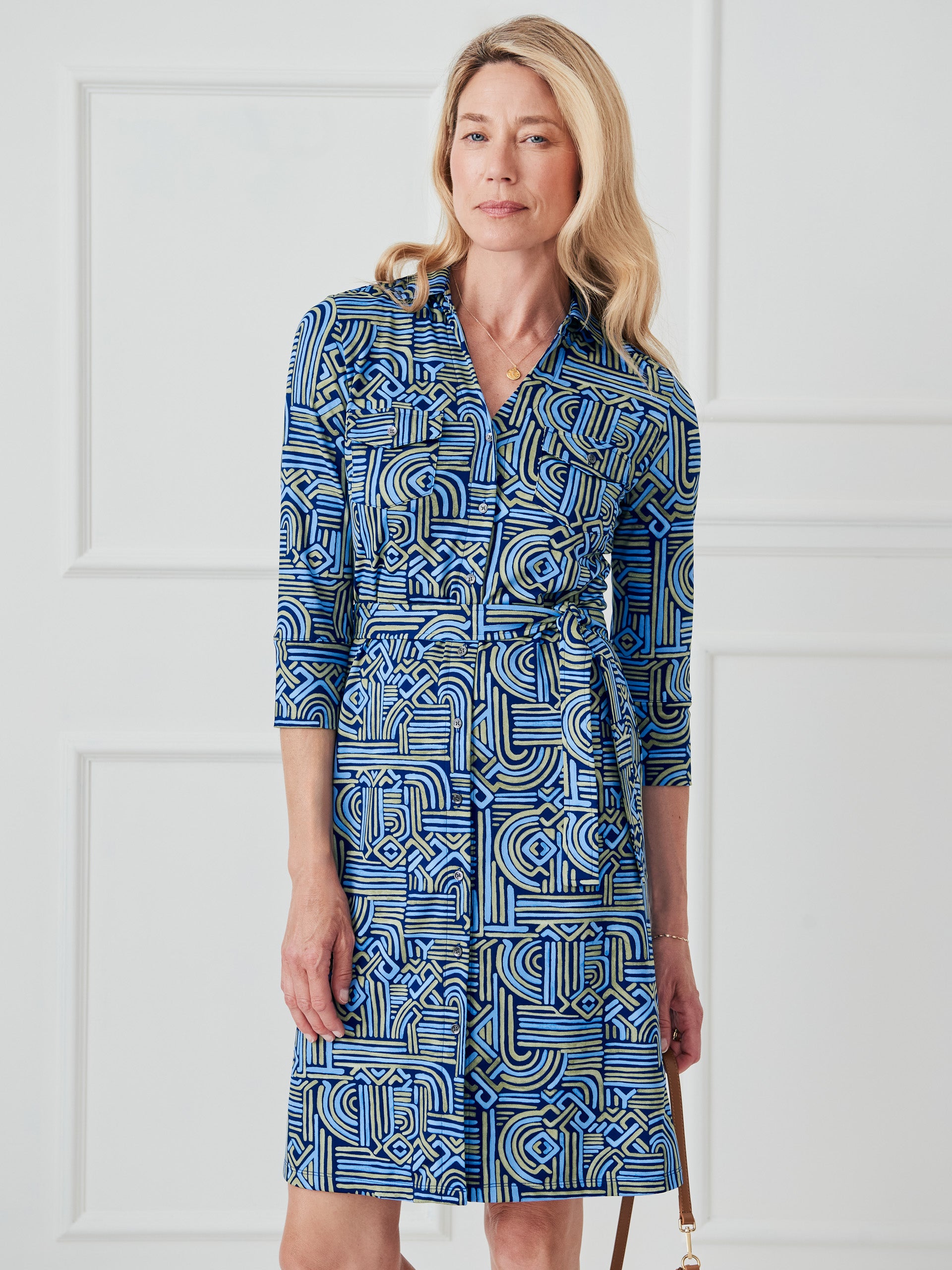 J.McLaughlin Brynn dress in navy/blue/olive made with lyford jersey. 