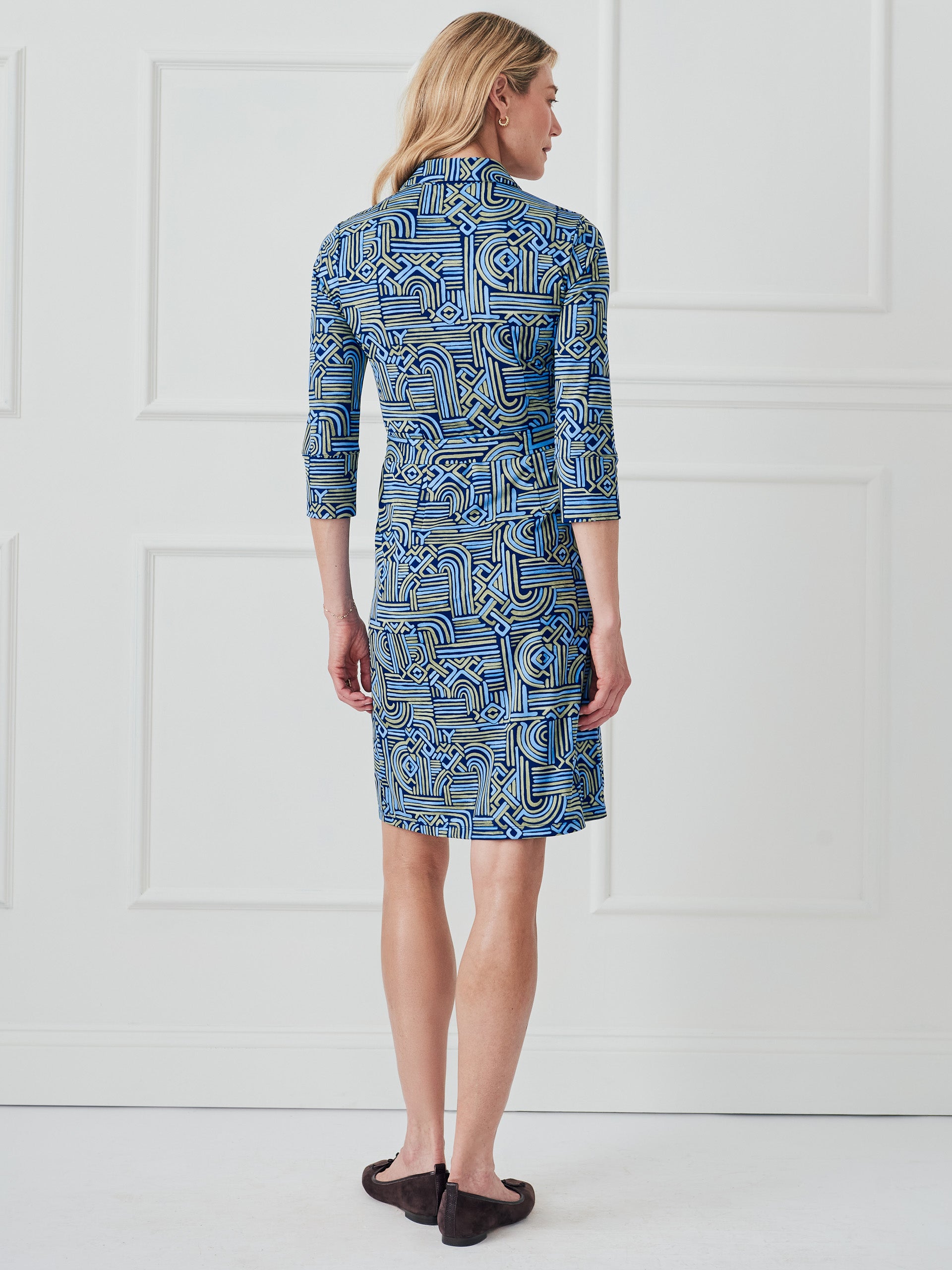 J.McLaughlin Brynn dress in navy/blue/olive made with lyford jersey. 