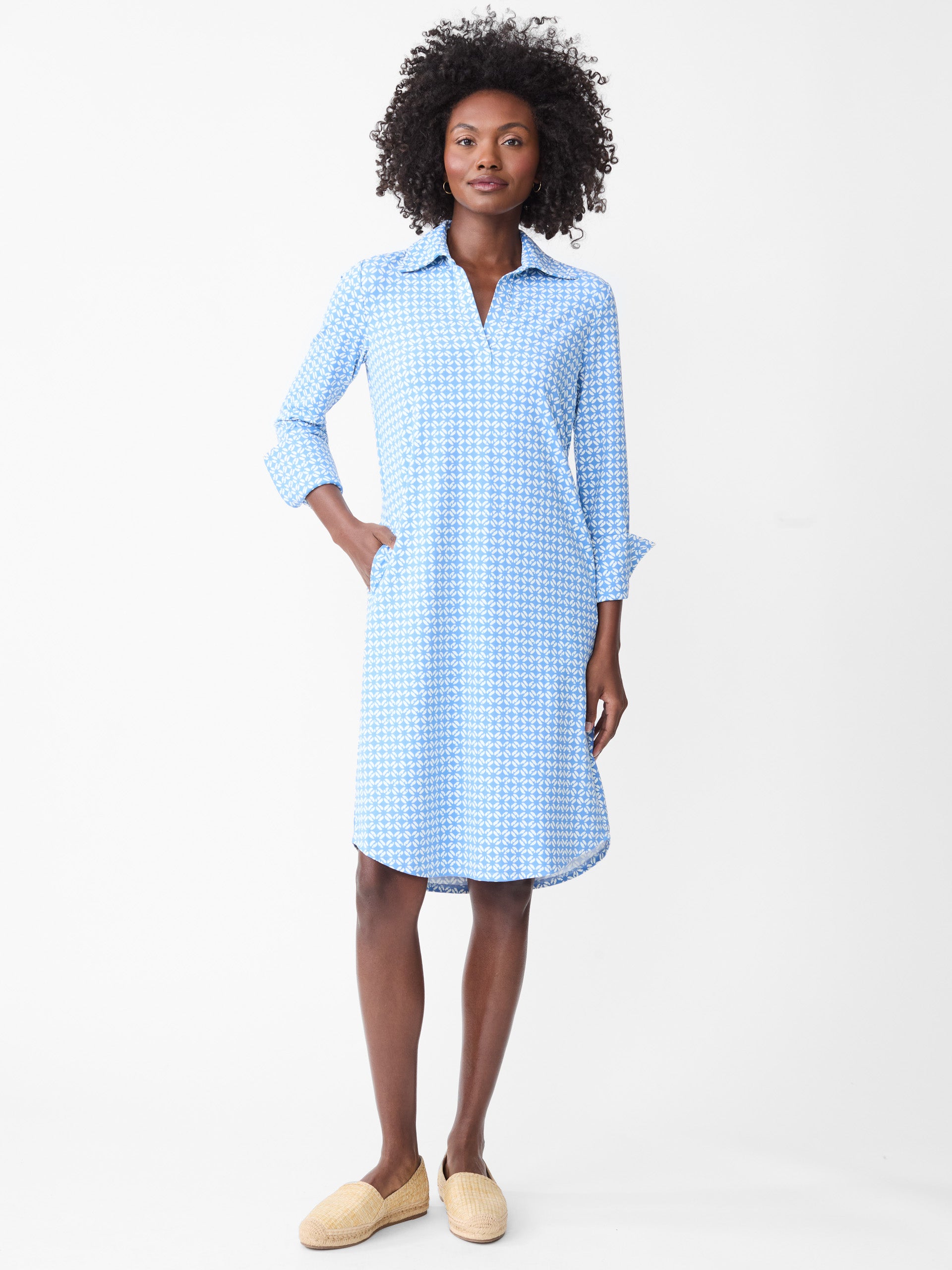 J.McLaughlin Cagney dress in medium blue/off white made with Catalina Cloth.