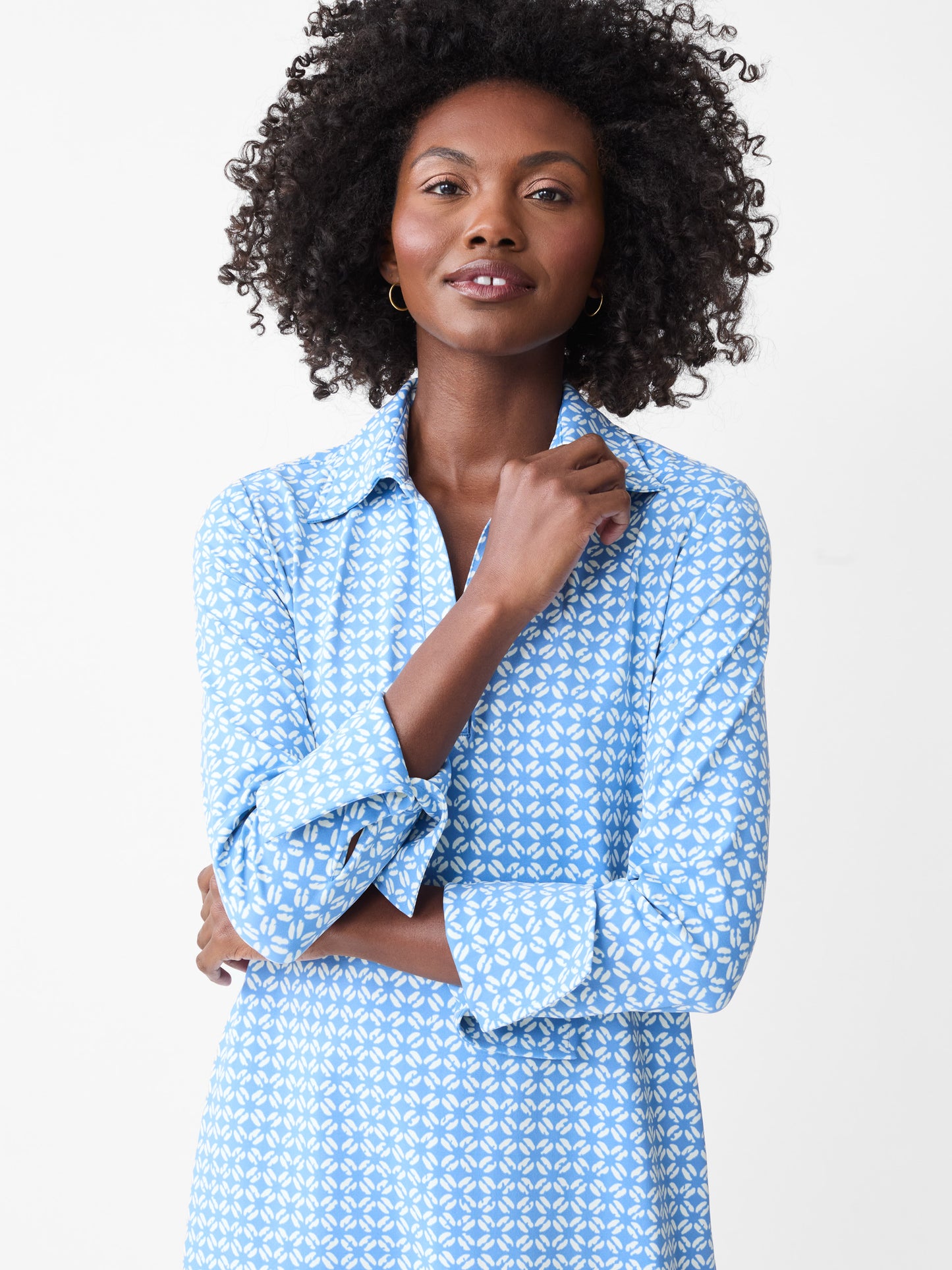 J.McLaughlin Cagney dress in medium blue/off white made with Catalina Cloth.