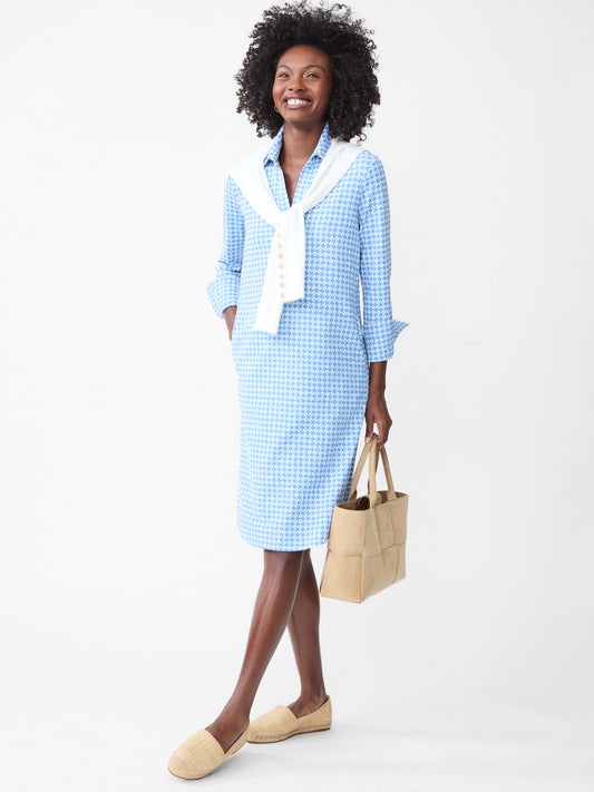 J.McLaughlin Cagney dress in medium blue/off white made with Catalina Cloth.