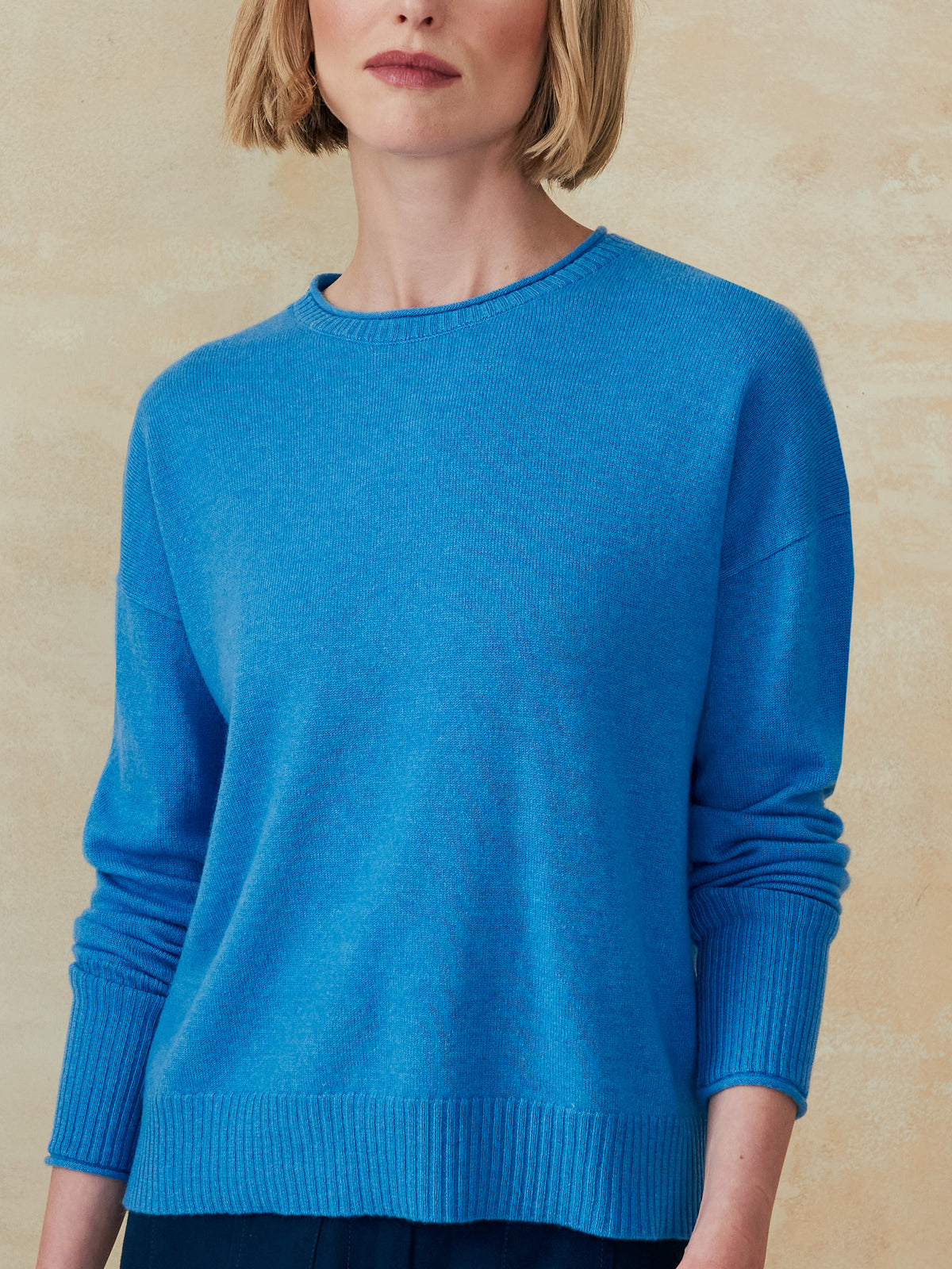 J.McLaughlin Caitie sweater in denim blue made with cashmere. 