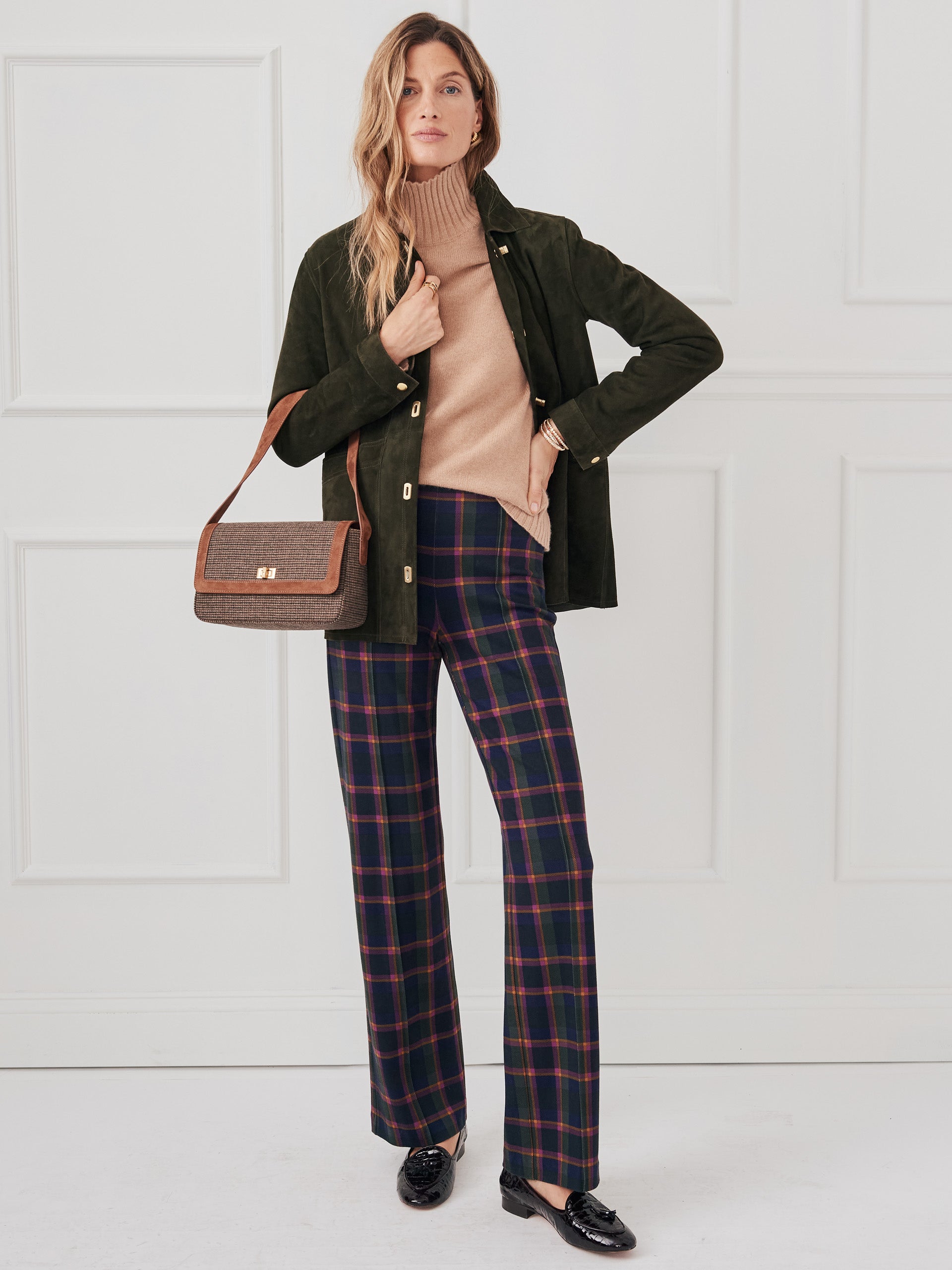 J.McLaughlin Laasya handbag in dark brown/multi with tweed/suede. 
