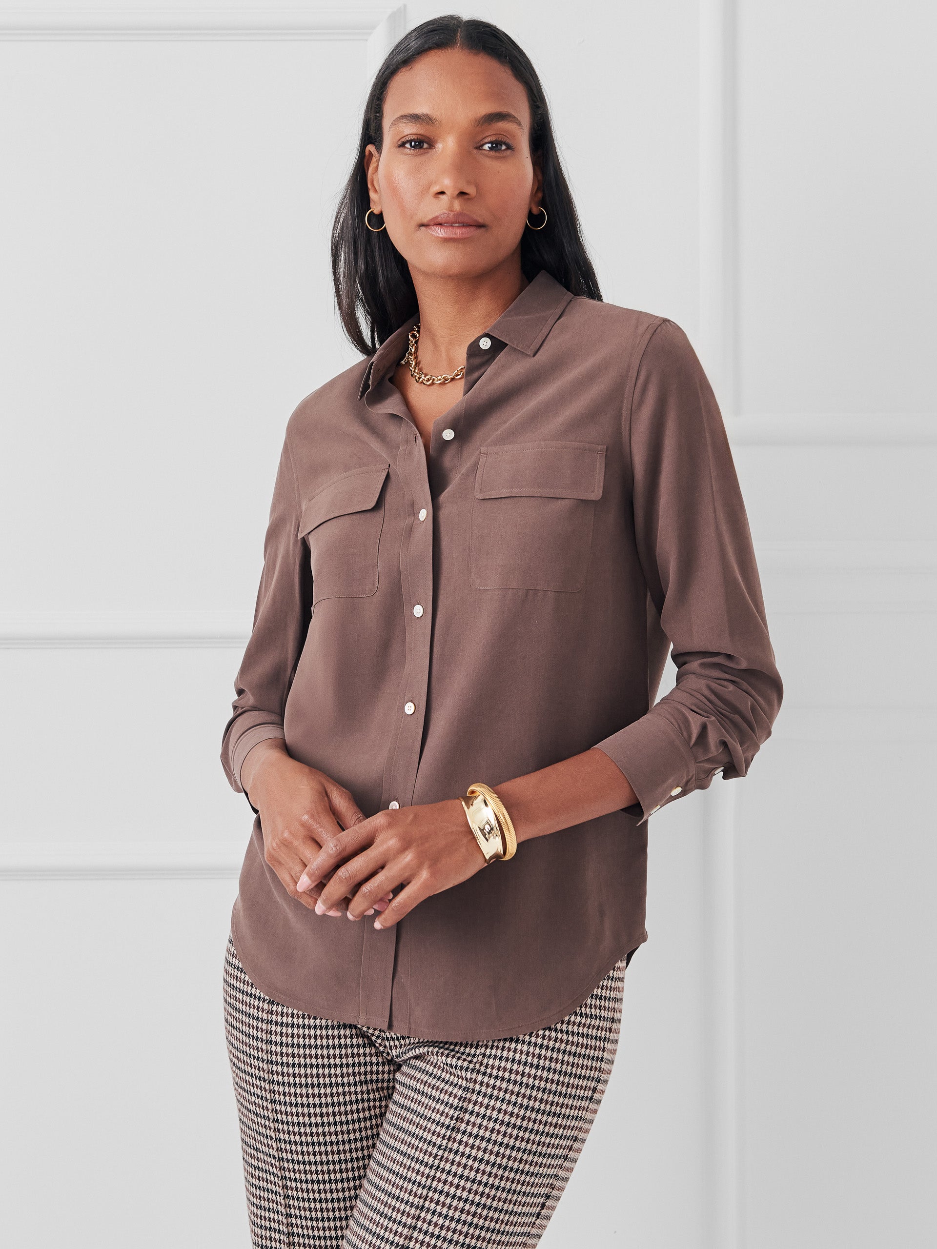 J.McLaughlin Miris top in brown made with silk. 