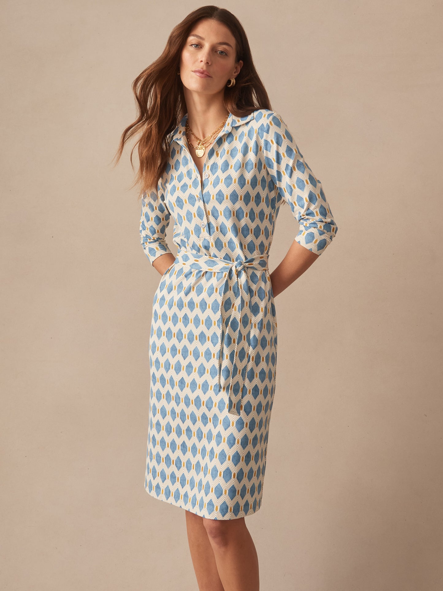 J.McLaughlin Calla dress in light blue/gold made with catalina cloth. 