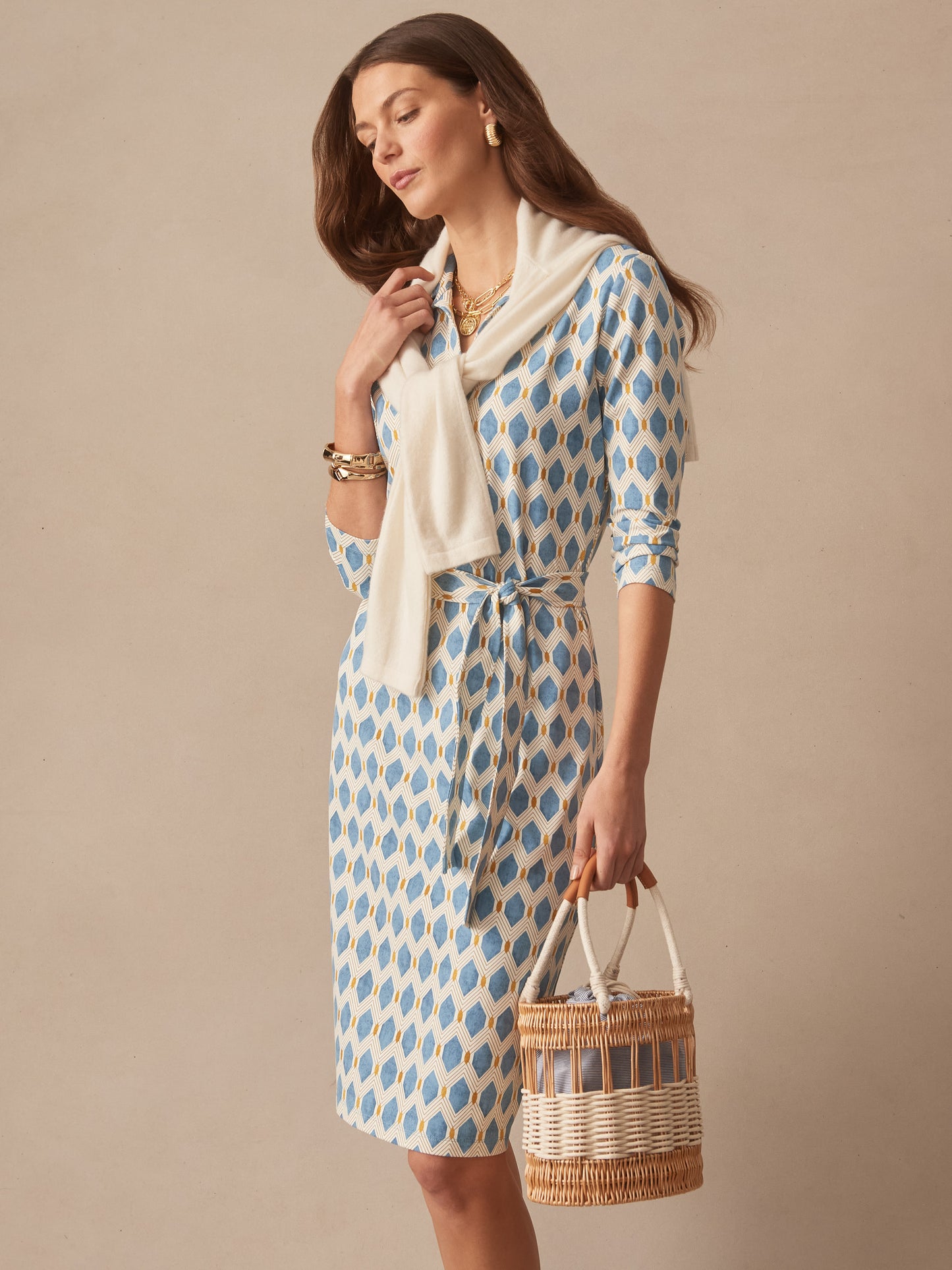 J.McLaughlin Calla dress in light blue/gold made with catalina cloth. 