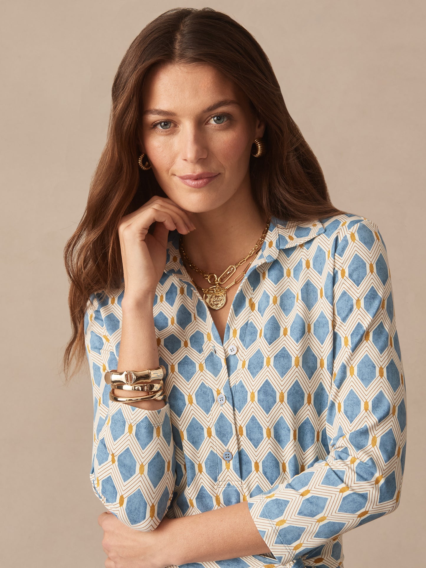 J.McLaughlin Calla dress in light blue/gold made with catalina cloth. 
