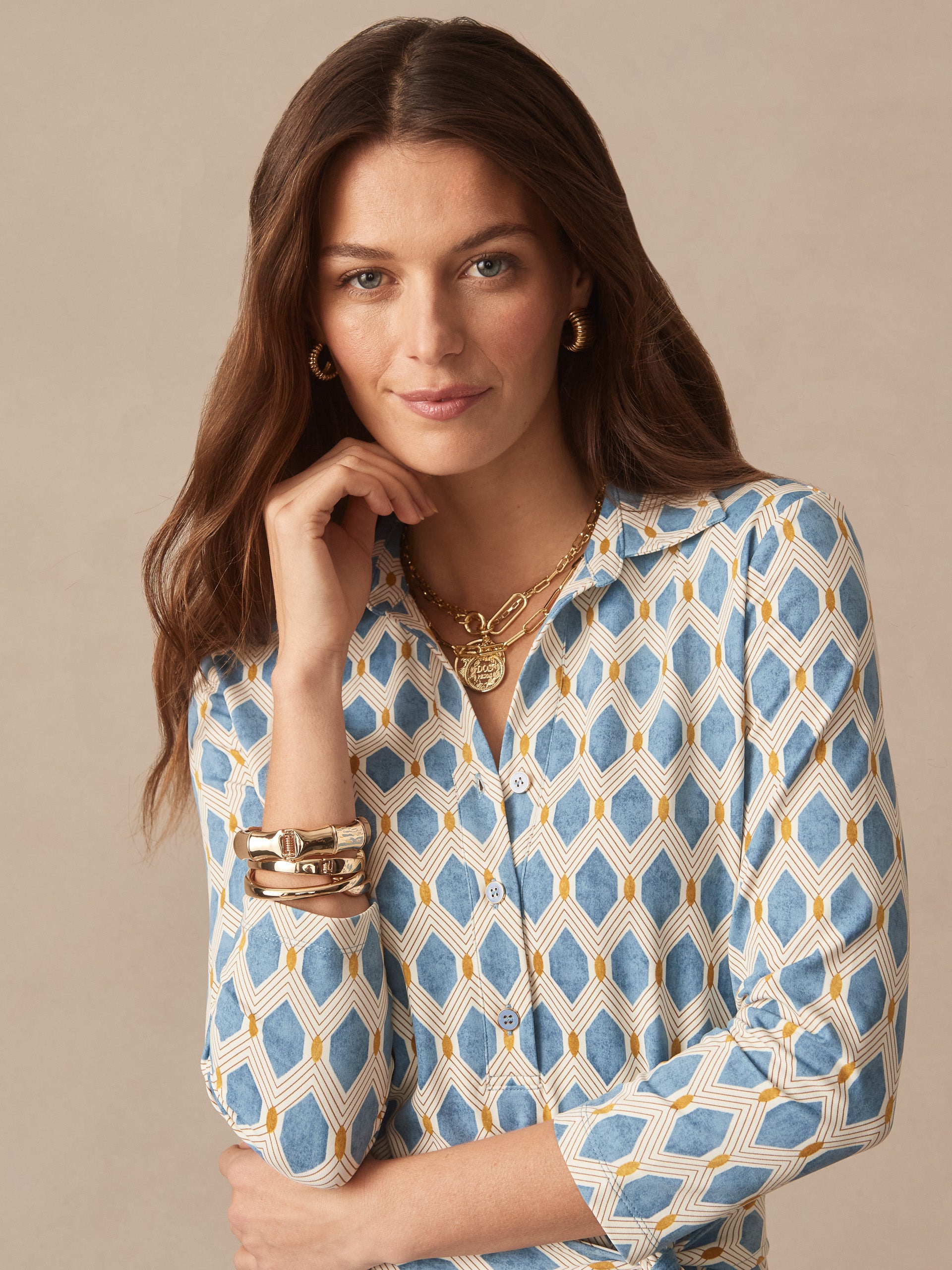 J.McLaughlin Calla dress in light blue/gold made with catalina cloth. 