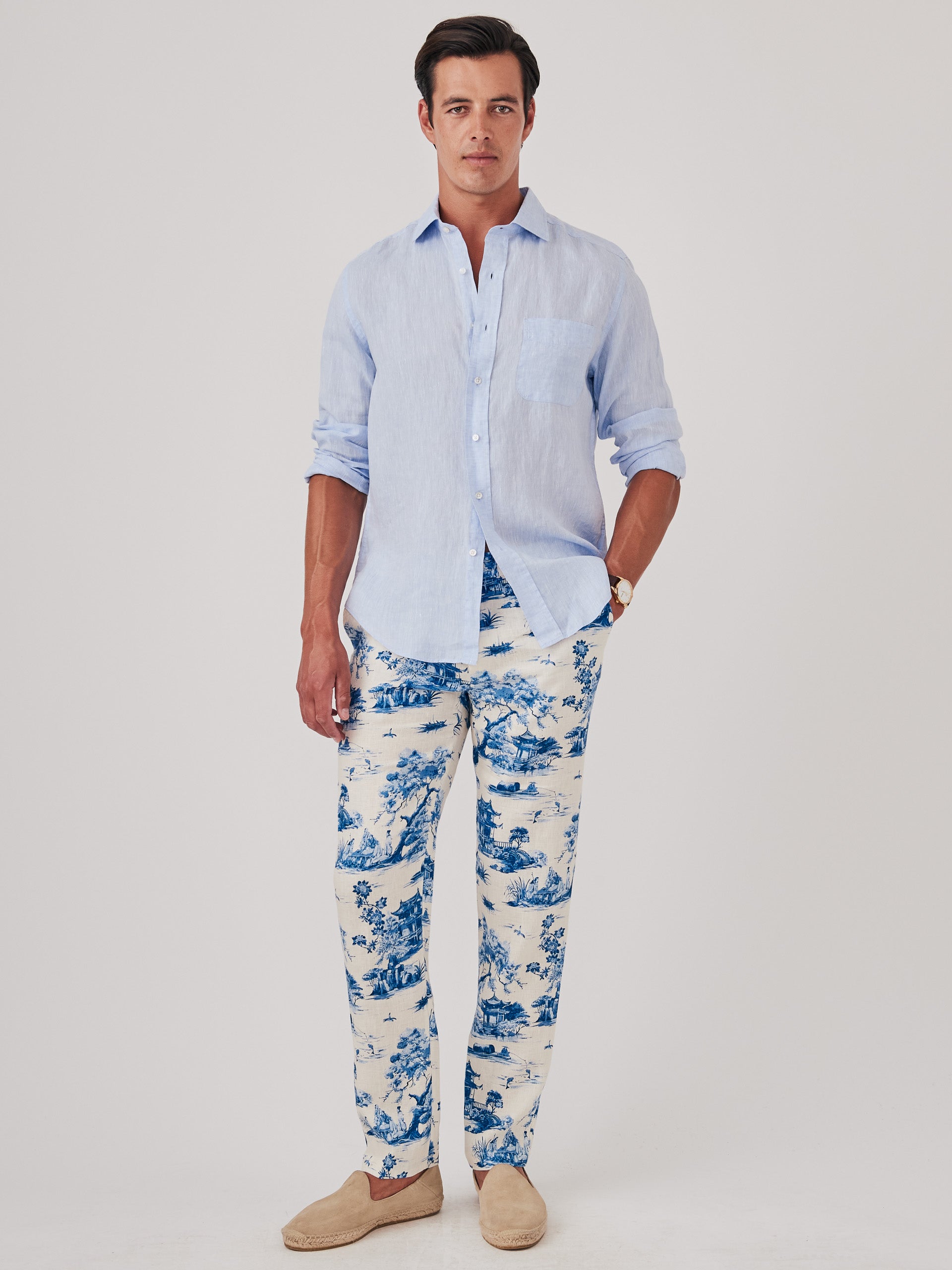 J.mcLaughlin Callistair pants in off white/blue made with linen.