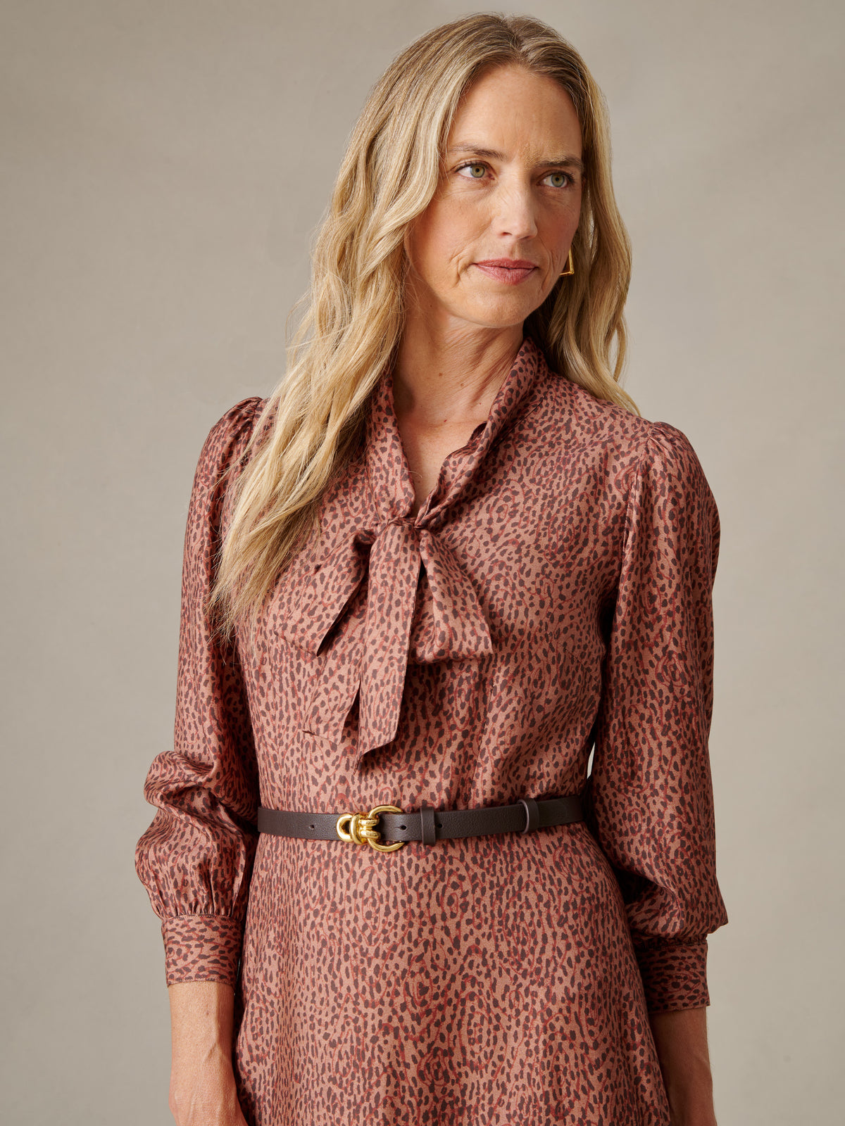 Cally Silk Blend Dress in Leopardette by J.McLaughlin featuring a fluid leopard print dress with blouson sleeves scarf necktie and leather belt