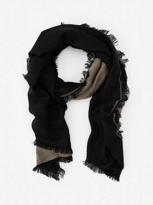 J.McLaughlin Carey scarf in black/camel made with cashmere.
