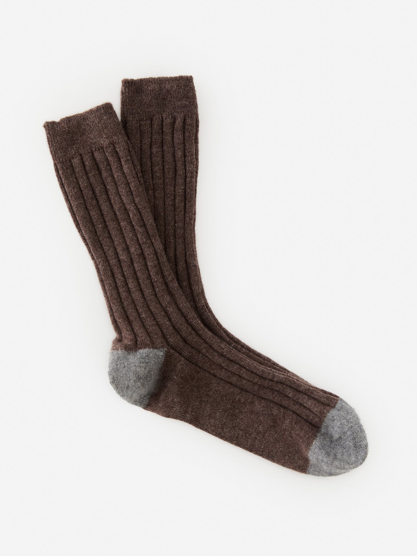 J.McLaughlin Cashmere socks in heather brown/heather gray made with a cashmere blend.