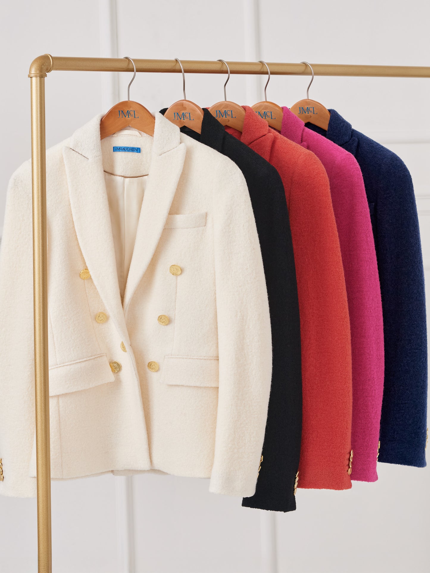 J.McLaughlin Genevieve blazers in white, black, orange, fuschia, and navy made with wool boucle.